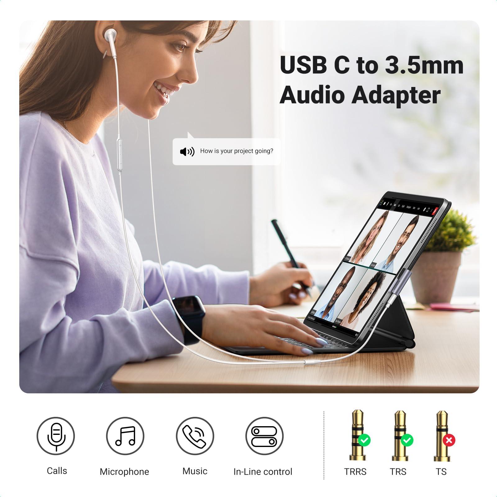 UGREEN UGREEN USB Type C to Headphone Adapter Right Angle USB C to 3.5mm Audio Adapter Bundle with 3.5mm Audio Cable Braided 4-Pole