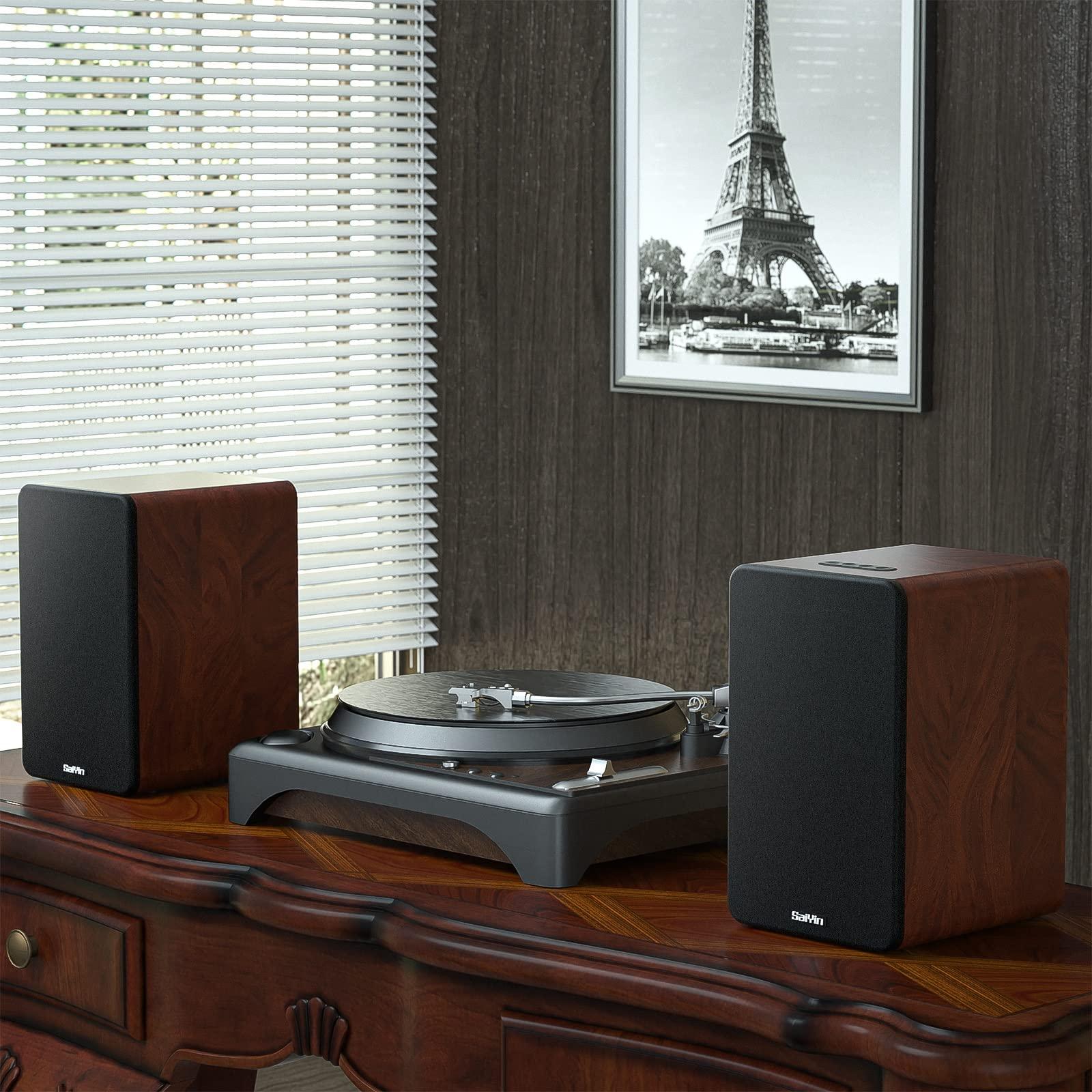 Saiyin Saiyin Bluetooth Bookshelf Speakers for Record Player, Powered Studio Monitor Speaker with 5.2 Inch Woofer, Horn Tweeter and Optical RCA Inputs, Subwoofer Line Out for Turnable.