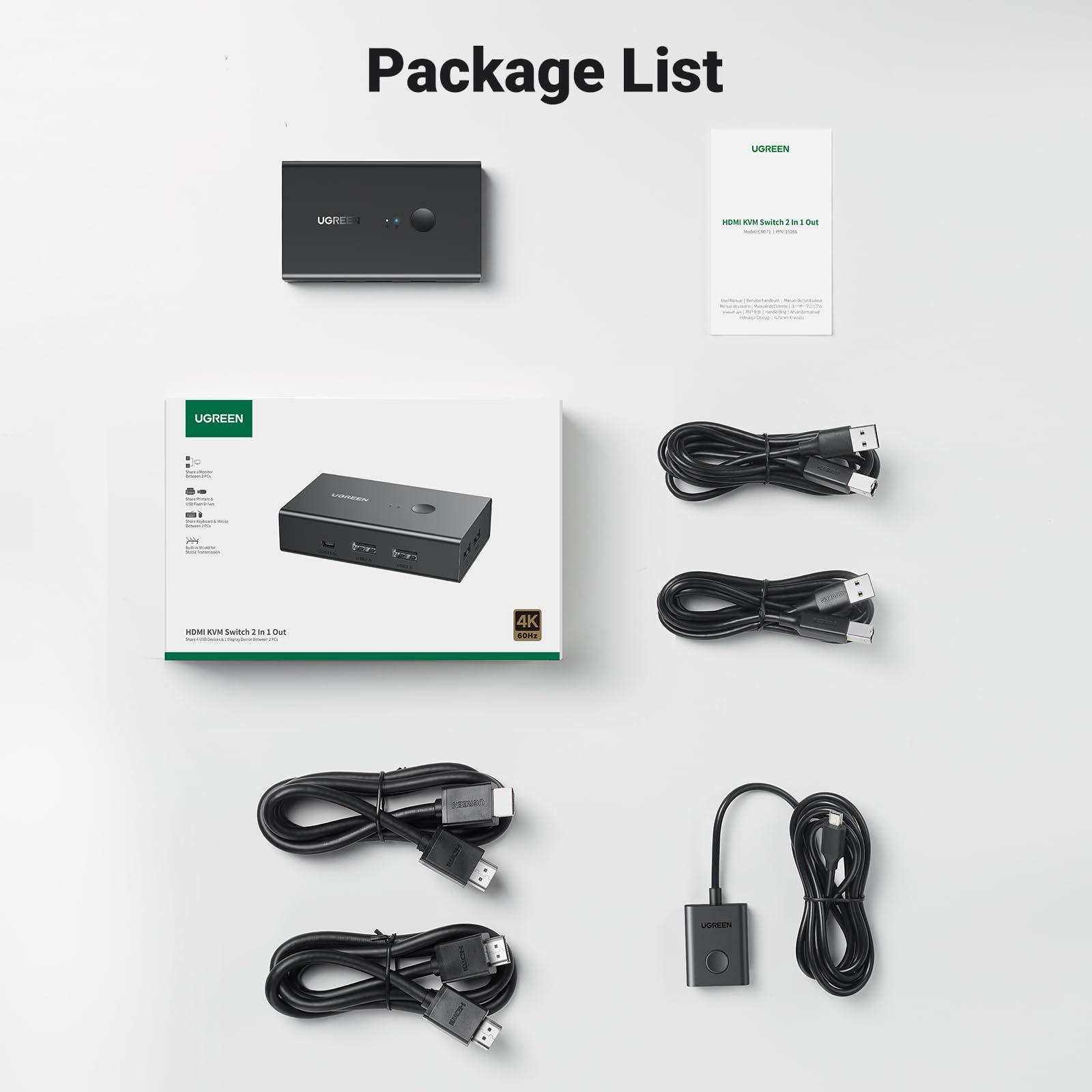 UGREEN UGREEN HDMI KVM Switch 1 Monitor 2 Computers, with 4 USB Ports, KVM Switches for Sharing One Monitor Keyboard Mouse Printer Support 4K@60Hz, Include 2 HDMI Cables, 2 USB Cables, Desktop Controller