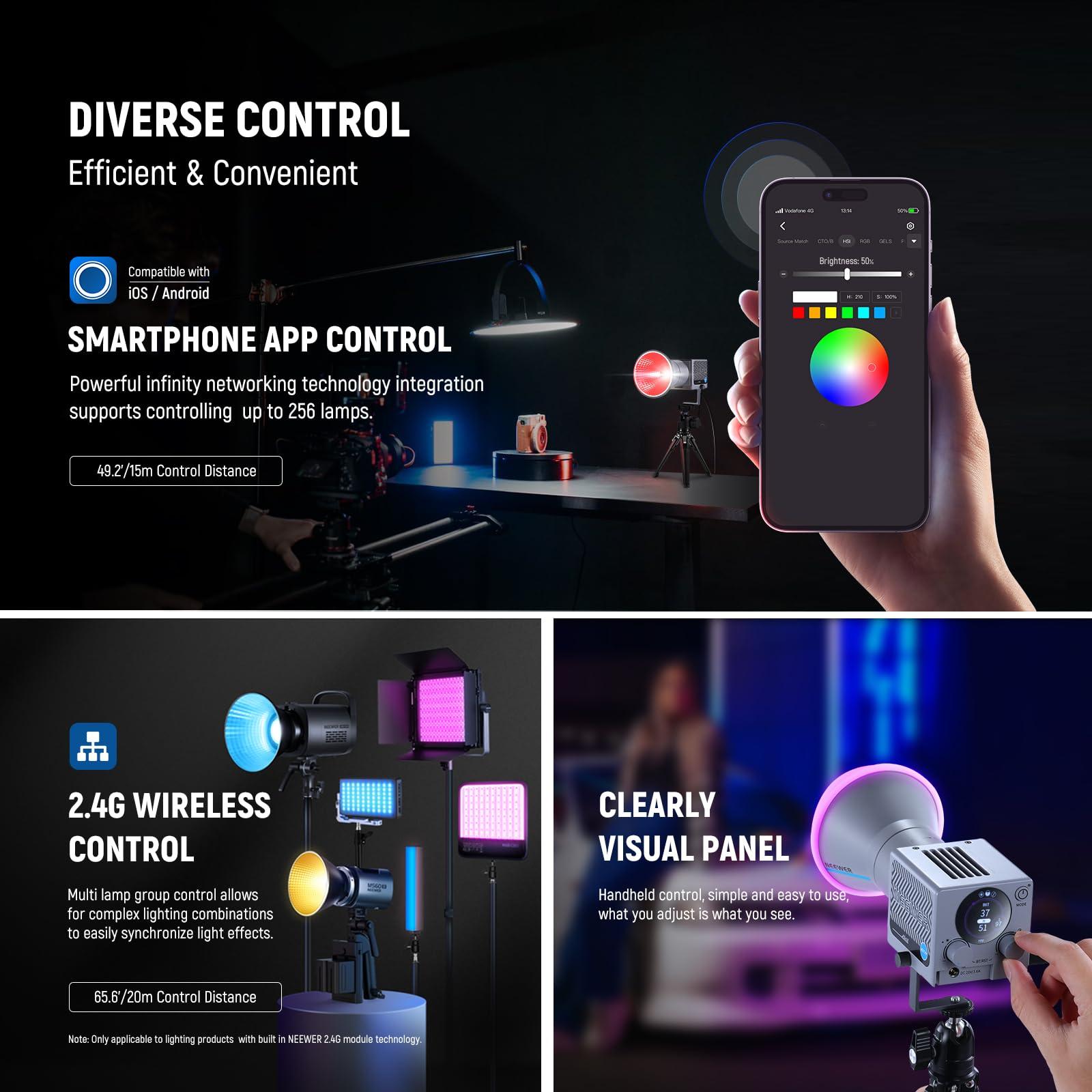 Neewer NEEWER 60W Portable RGB LED Video Light Handheld Fill Light, APP/2.4G/Panel Control 18 Scenes 8700Lux/1m 2700-6500K CRI97+ Dimmable COB Continuous Output Lighting for Video Recording Streaming, HS60C