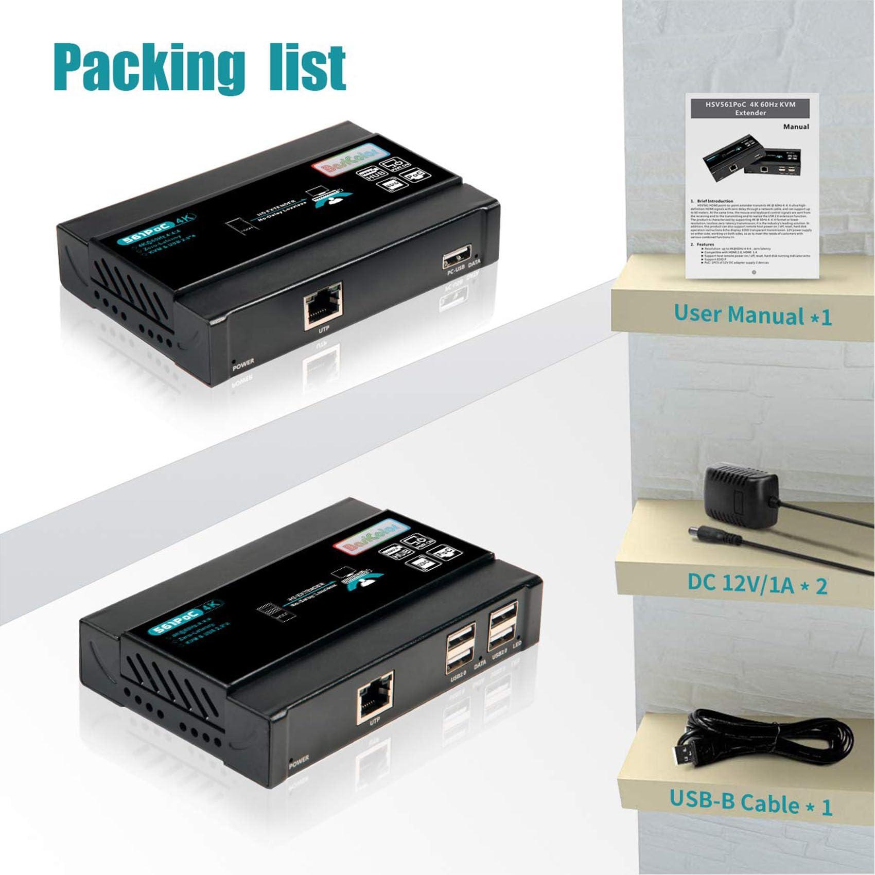 Basicolor Basicolor HDMI KVM USB Extender, 4K@60Hz Ethernet Extender Over Cat5 Cat6 Up to 196Ft(60m), Video Transmit Lossless and Near Zero Latency, Plug&Play HDMI to Rj45, 4xUSB2.0