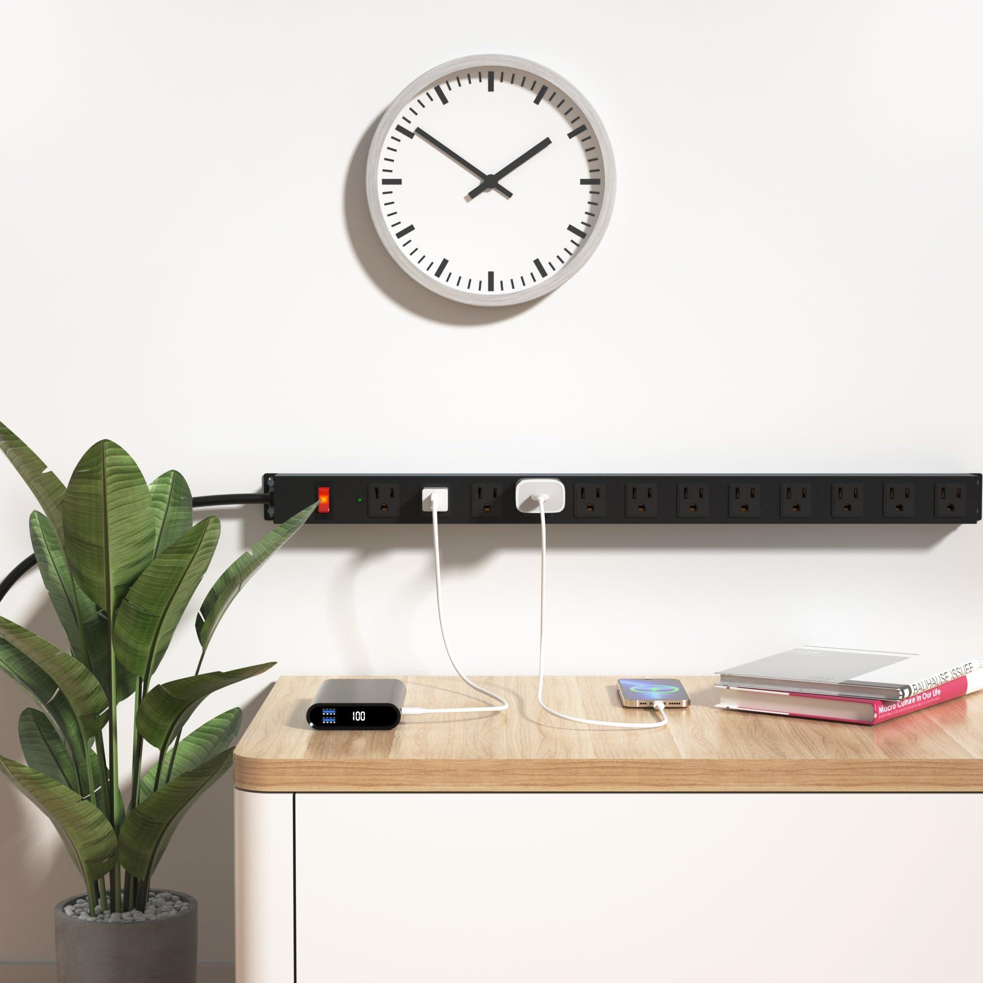 CFMASTER 12 Outlet Long Power Strip Surge Protector with 2100 Joules, 3FT Power Cord, Wide Spaced Outlet Power Bar, Overload Protection Switch, Industrial Heavy Duty for Work Bench, Shop, Garage (Black)