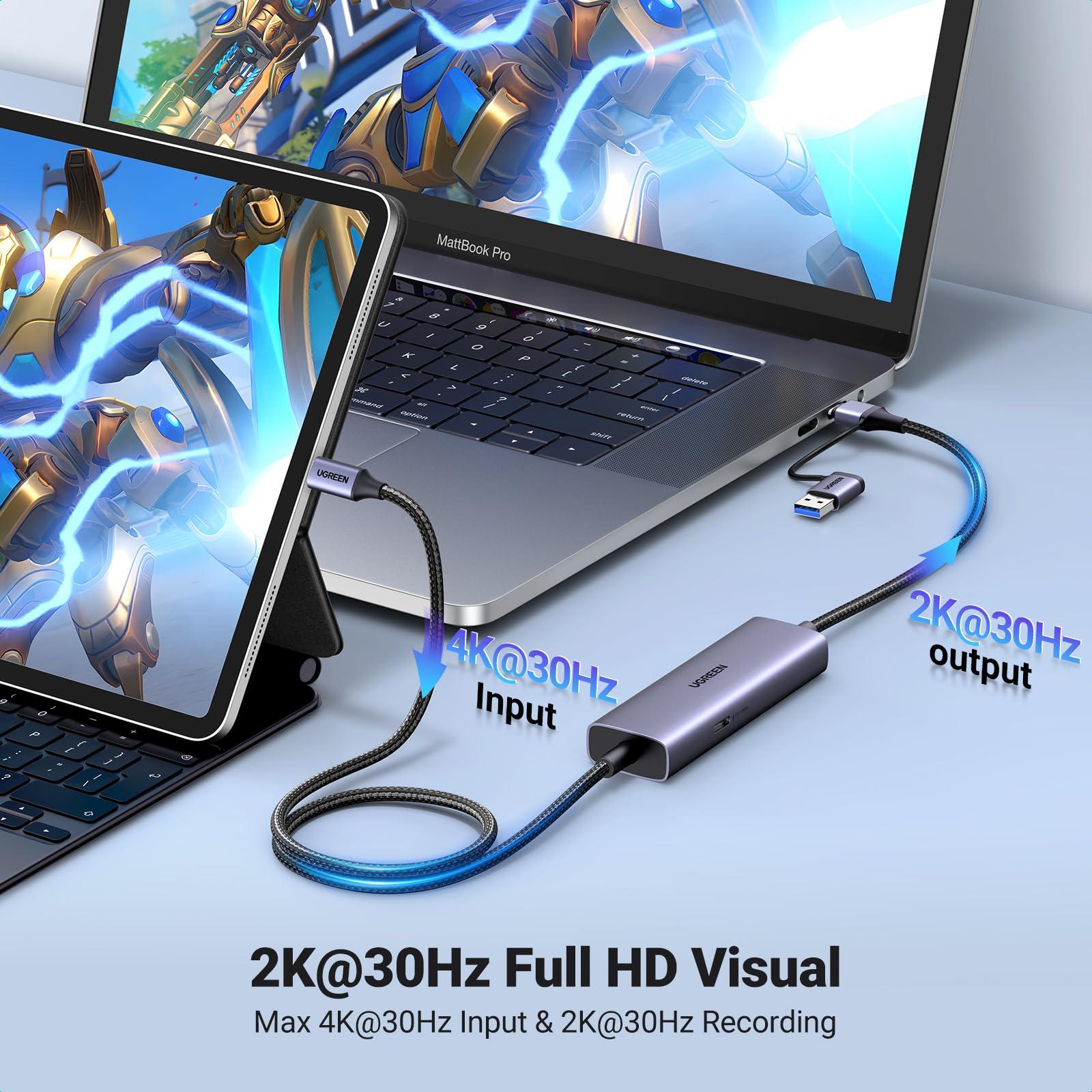 UGREEN UGREEN USB C Capture Card 1080P 60FPS 2K@30Hz Type C to USB-A/C Input Video Capture Card USB 3.0 Support 100W Fast Charge with Ultra-Low Latency for Gaming, Streaming, Compatible with Switch, iPad