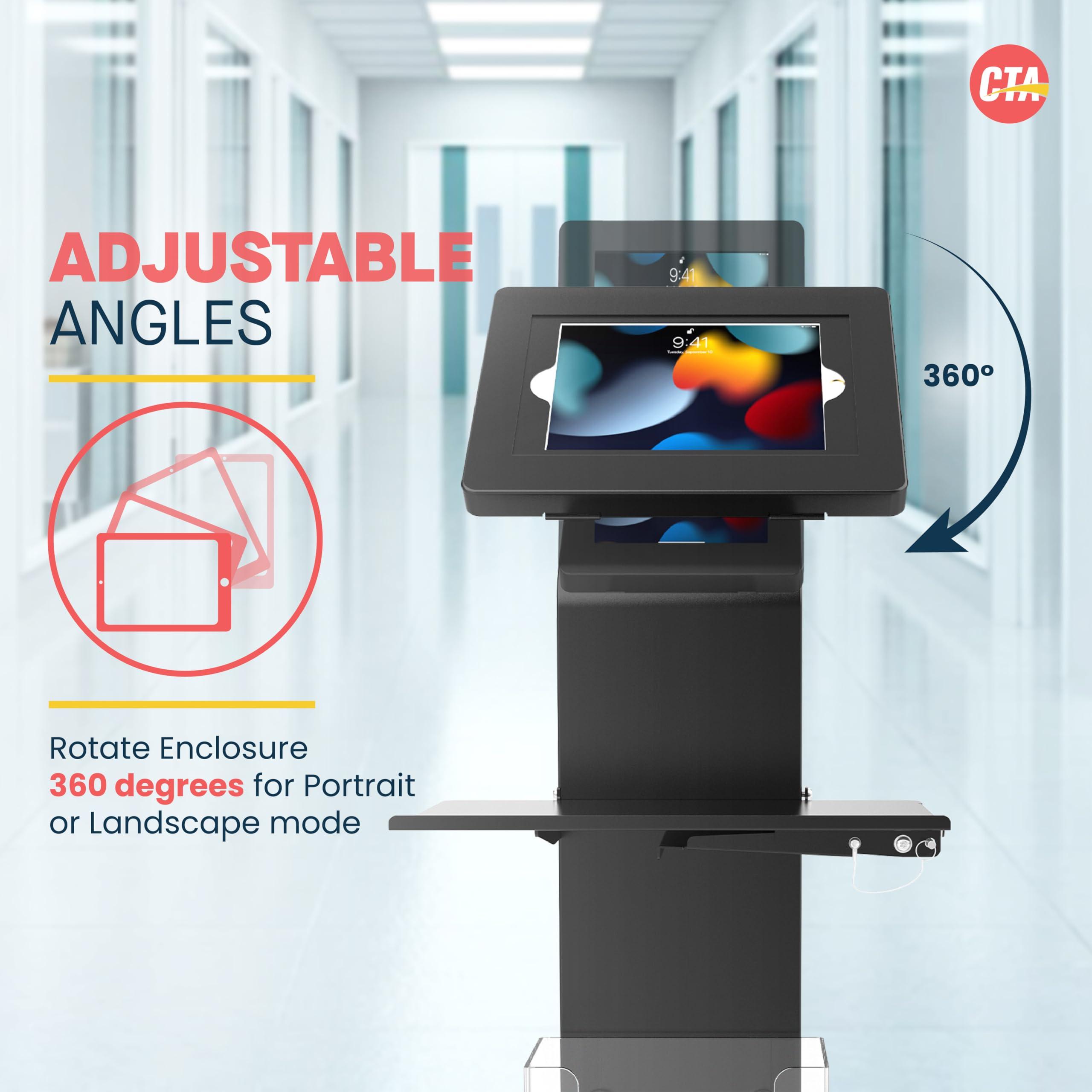 CTA Digital Anti-Theft Mobile Workstation Stand - CTA Locking Floor Stand Kiosk w/Secure Enclosure, Keyboard Tray & Storage - iPad 10.2" 7/8/9 Gen - 11" iPad Pro - Galaxy Tab A & More - Black - (PAD-PARAFK)