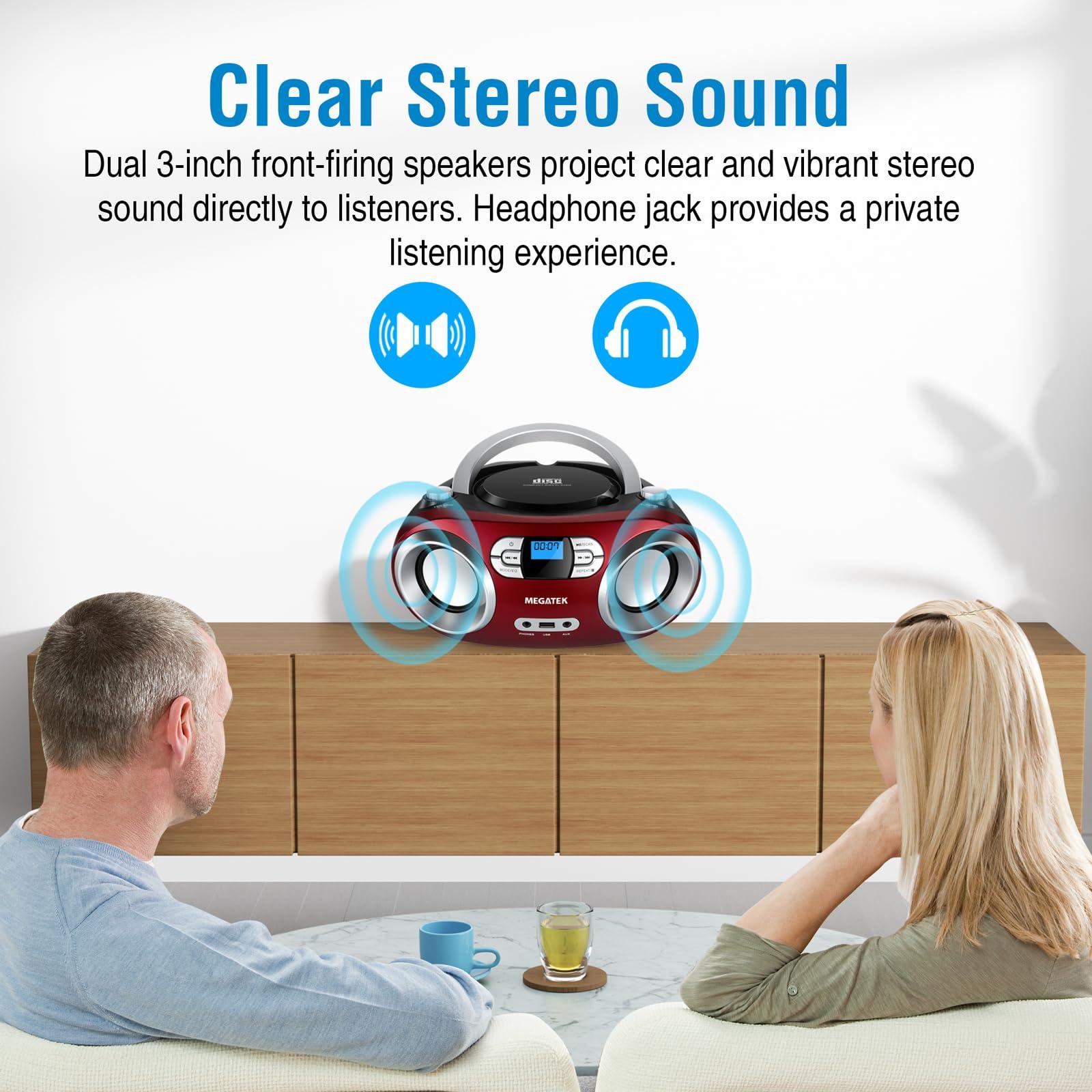 MEGATEK MEGATEK Portable CD Boombox with FM Stereo Radio, Bluetooth, USB Port, and Backlit LCD Display | CD-R/CD-RW/MP3-CD Compatible | AUX Input | Headphone Jack | Programmable CD Player - Cherry Red