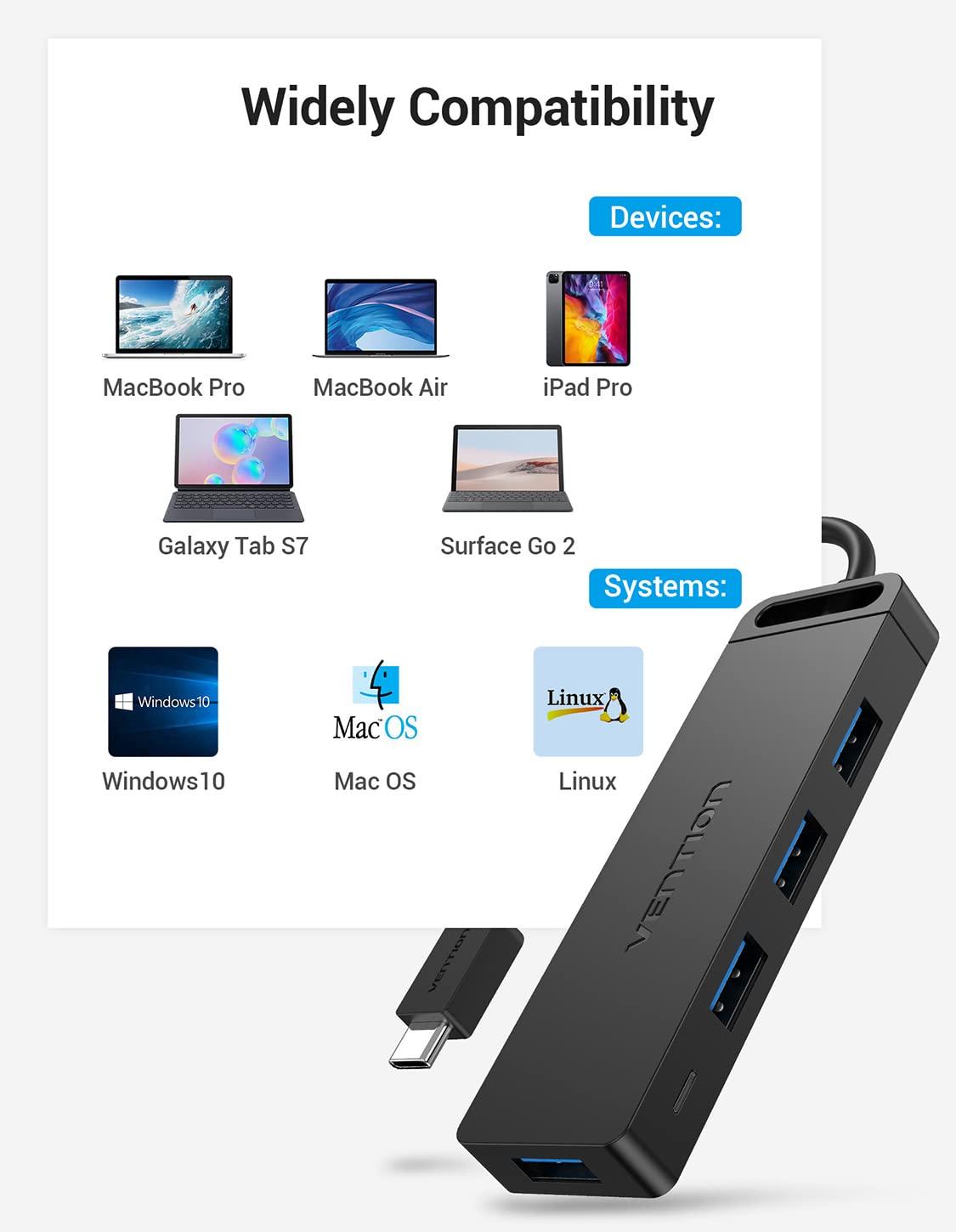 VENTION VENTION USB C Hub, USB Type C to USB Adapter with 4 USB 3.0 Ports, Thunderbolt 3 USB 3.0 Port with Powered Support, USB Hub for Laptops, MacBook Pro/Air 2020/2019 and More USB Type C Devices 3FT