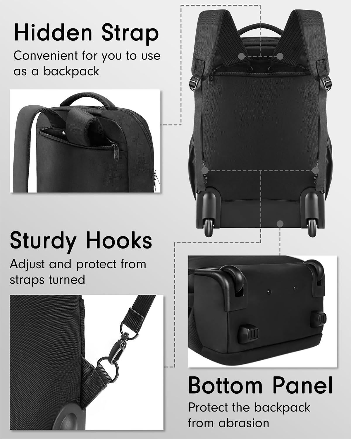 MATEIN MATEIN Carry on Backpack, Extra Large 40L Flight Approved Travel Laptop Backpack with USB Port,Rolling Backpack, 17 Inch Travel Laptop Backpacks with Wheels,