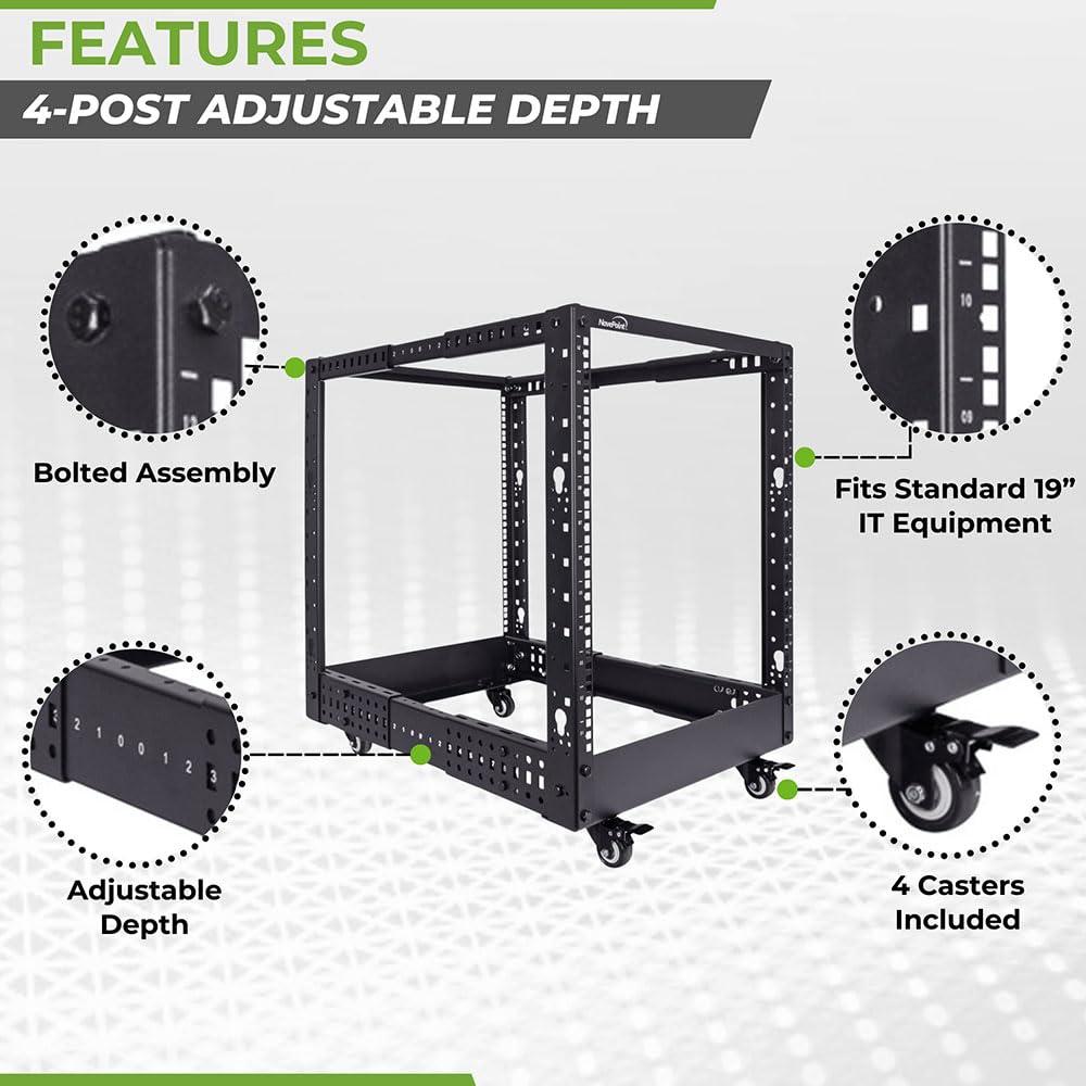 NavePoint NavePoint 12U 4 Post Server Rack Open Frame Rack for 19 Inch Equipment, Adjustable Depth 4-Post Network Rack with Casters Wheels, 12U Server Rack 1322lbs Capacity, Black