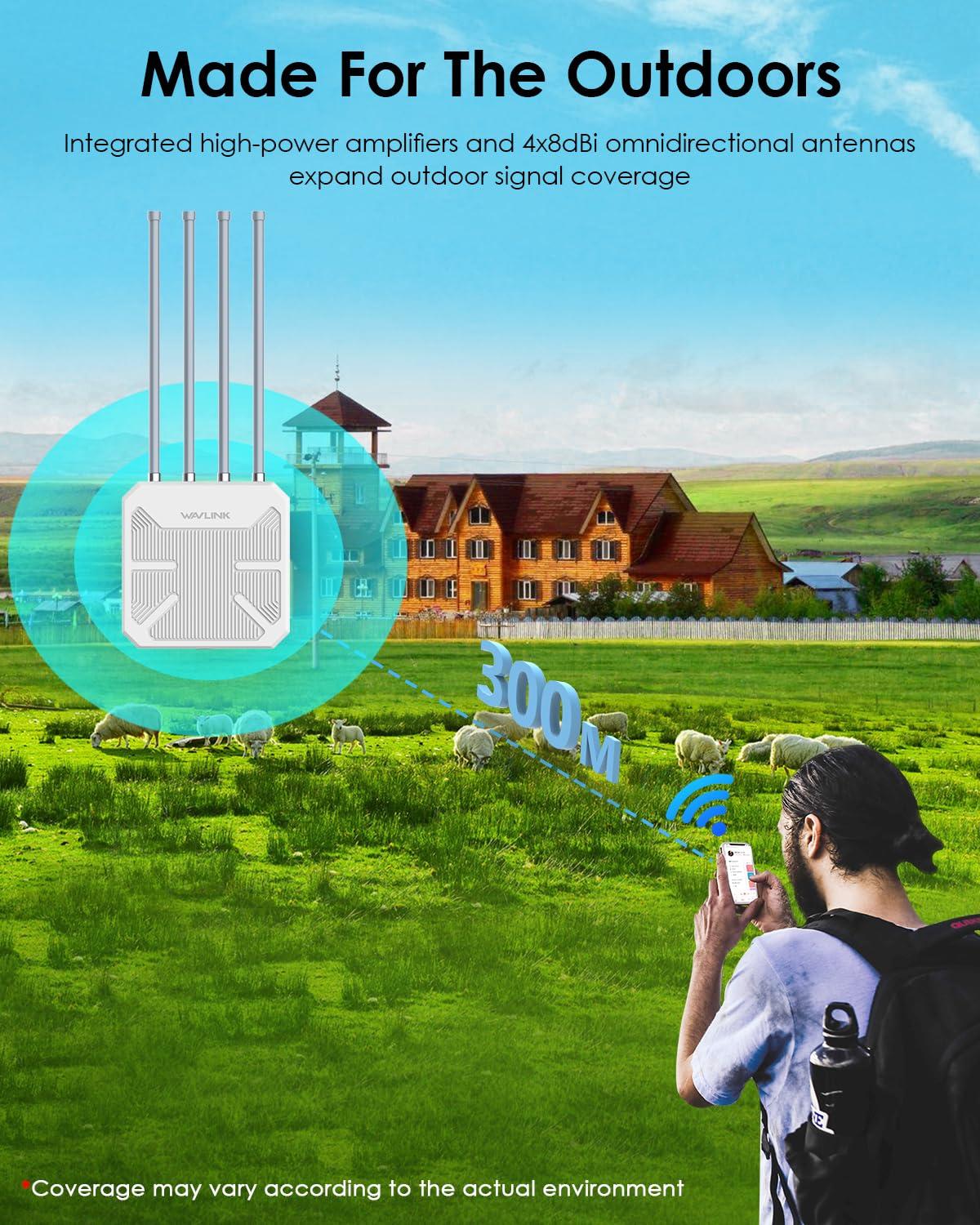 WAVLINK WAVLINK Outdoor WiFi Extender AX1800 Dual Band Long Range WiFi Extender with PoE, IP67 Weatherproof, 4x8dBi High-gain Antennas, Outdoor Access Point for Farm, Courtyard, Factory, Campsite, Gazebo