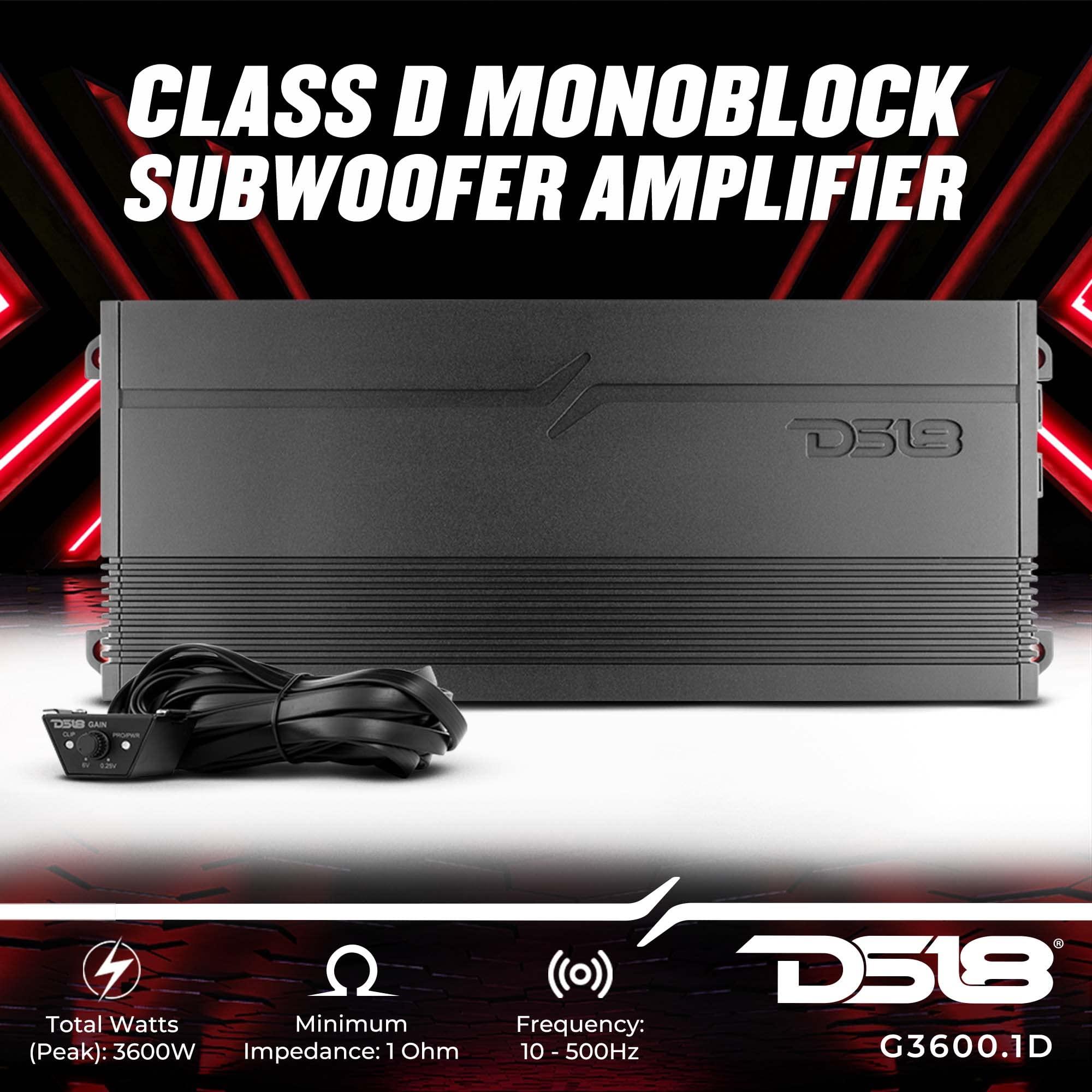 DS18 DS18 G3600.1D Car Audio Amplifier 1-Channel Class D Monoblock 3600 Watts - Remote BASS Knob Included - Compact Design Easy Installation - Extremely Powerful Amp for Vehicle Sound Systems