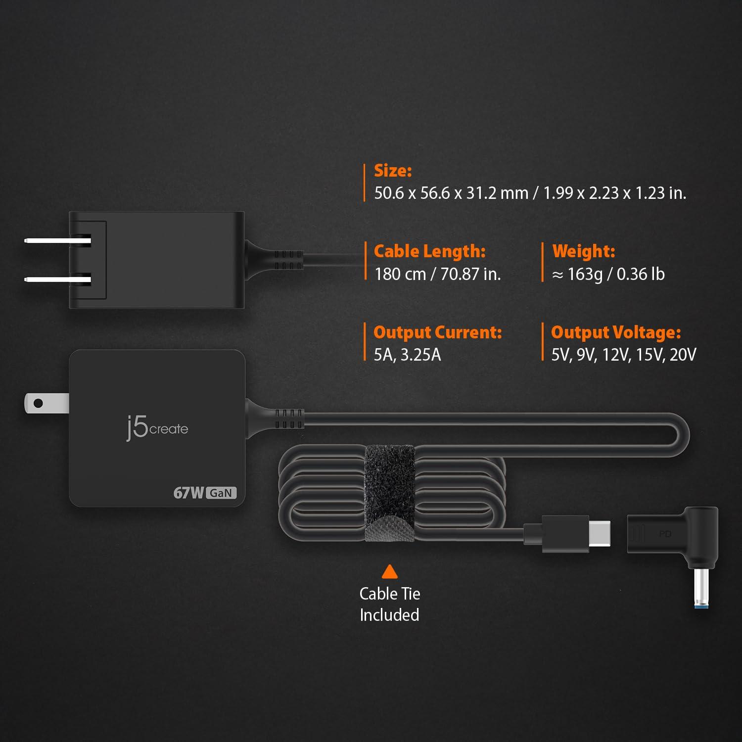 j5create j5create 65W GaN PD USB-C Foldable Mini Charger with HP DC Converter, Suitable for MacBook Pro/Air M2/M1, Dell XPS, HP, iPad Pro, Steam Deck, Laptops, Galaxy S22/S21/S20 (JUP1565)