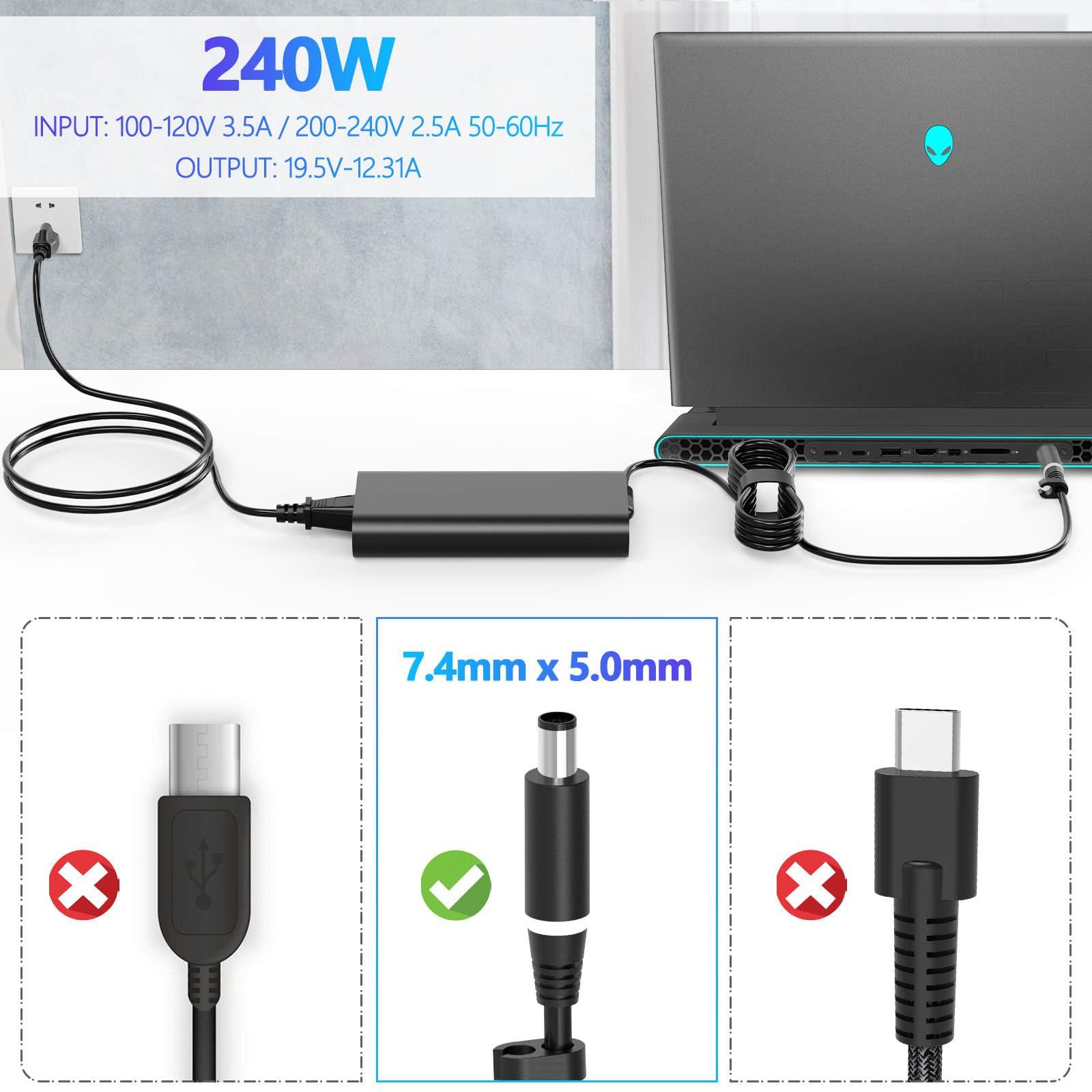 rttwfnr GaN 240W 19.5V 12.31A Slim AC Charger Fit for Dell Alienware M15 R7 X16 X17 R2 X15 R2 M17 R5 Precision 7670 7680 7770 7780 LA240PM200 HA240PM200 DA240PM200 Laptop Supply Power Adapter Cord