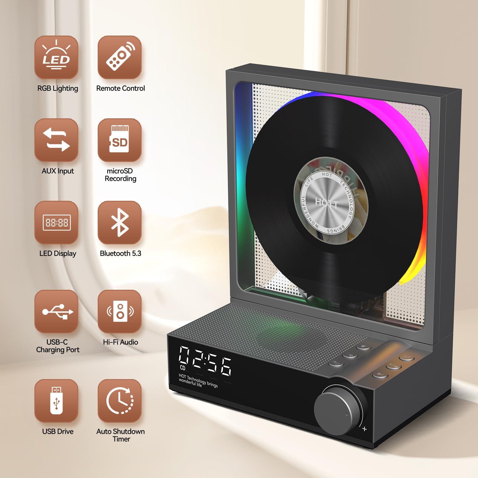 bodymaster HOTT CD Player Portable with RGB Lights Bluetooth 5.3 Desktop CD Player,Portable CD Player with HiFi Speakers, Supports TF Card, Transcription, LED Screen, Timer (Grey)