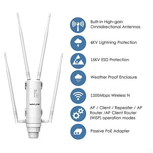 WAVLINK WAVLINK AC1200 High Power Outdoor Weatherproof WiFi Range Extender, Long Range Wireless AP/Router/Repeater/WISP Mode with POE Powered, Point to Point WiFi Bridge, 4x7dBi Omni Directional Antennas