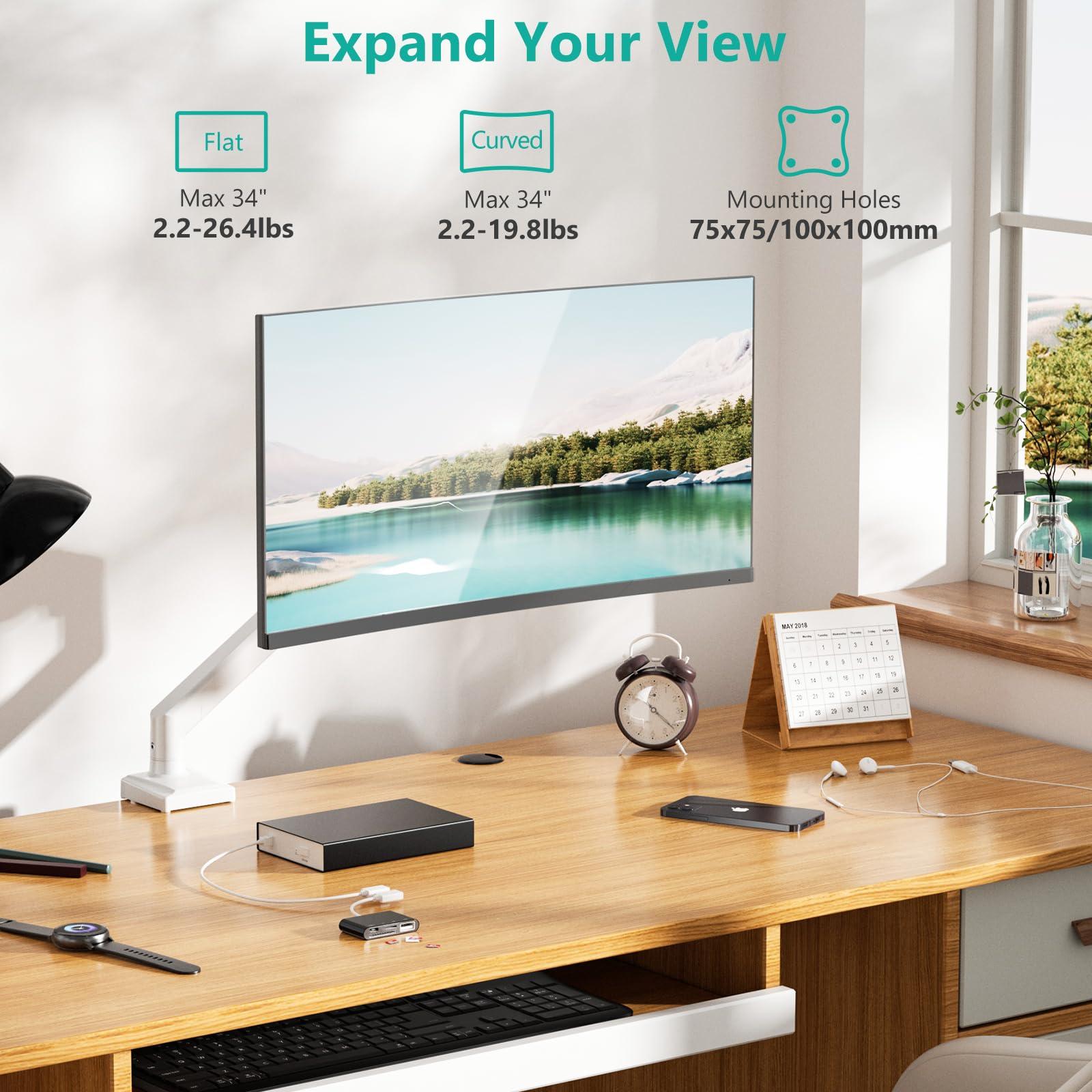 WALI WALI Single Monitor Arm Mount Stand, Adjustable Gas Spring Arm Monitor Mount for Display up to 32 Inch,19.8lbs Capacity (GSMP001W), White