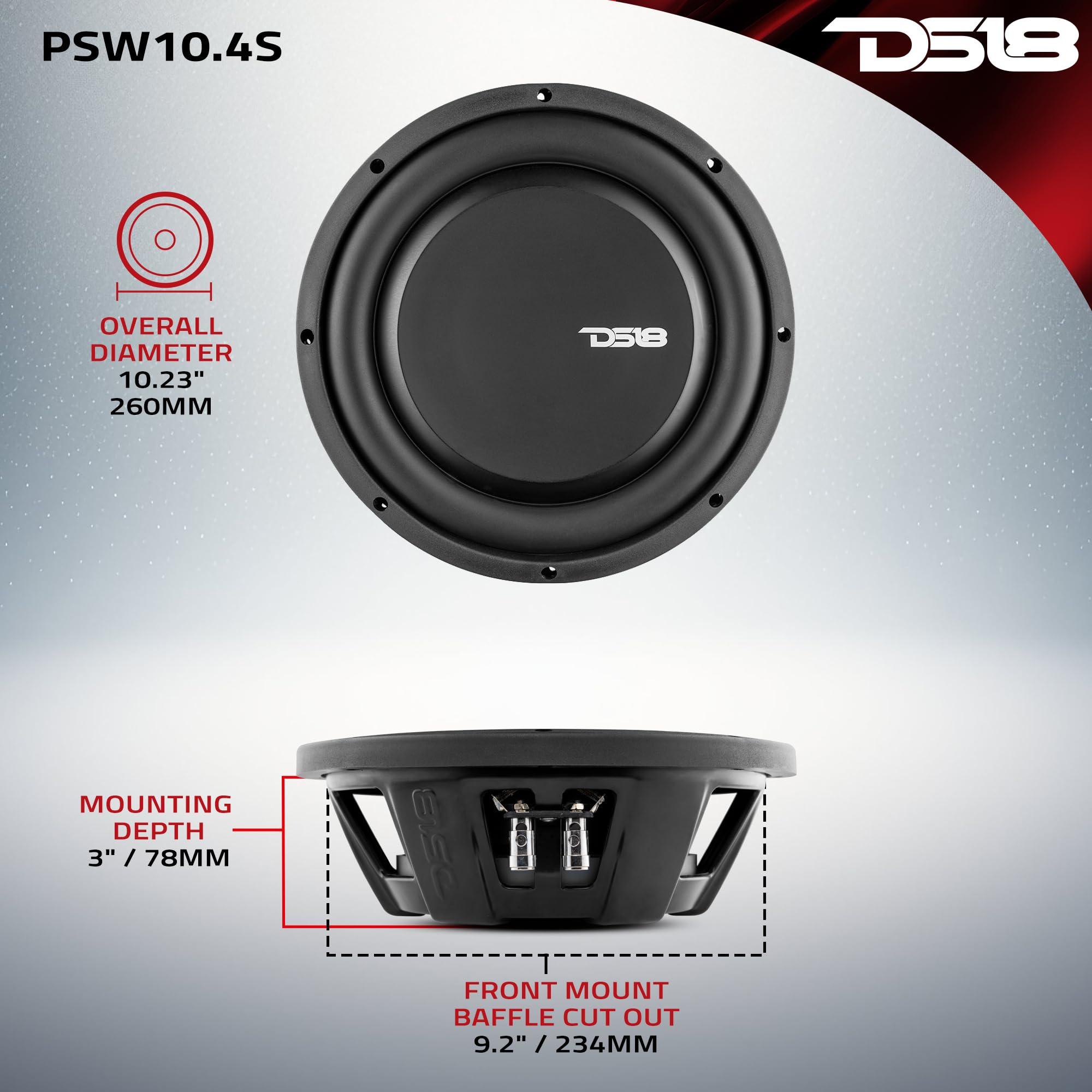 DS18 DS18 PSW10.4S 10" Shallow Mount Subwoofer 1000 Watts Max Power 500 Watts RMS Single Voice Coil 4 OHMS Water Resistant - Best Sub for Tight Spaces in Car & Trucks - 1 Speaker