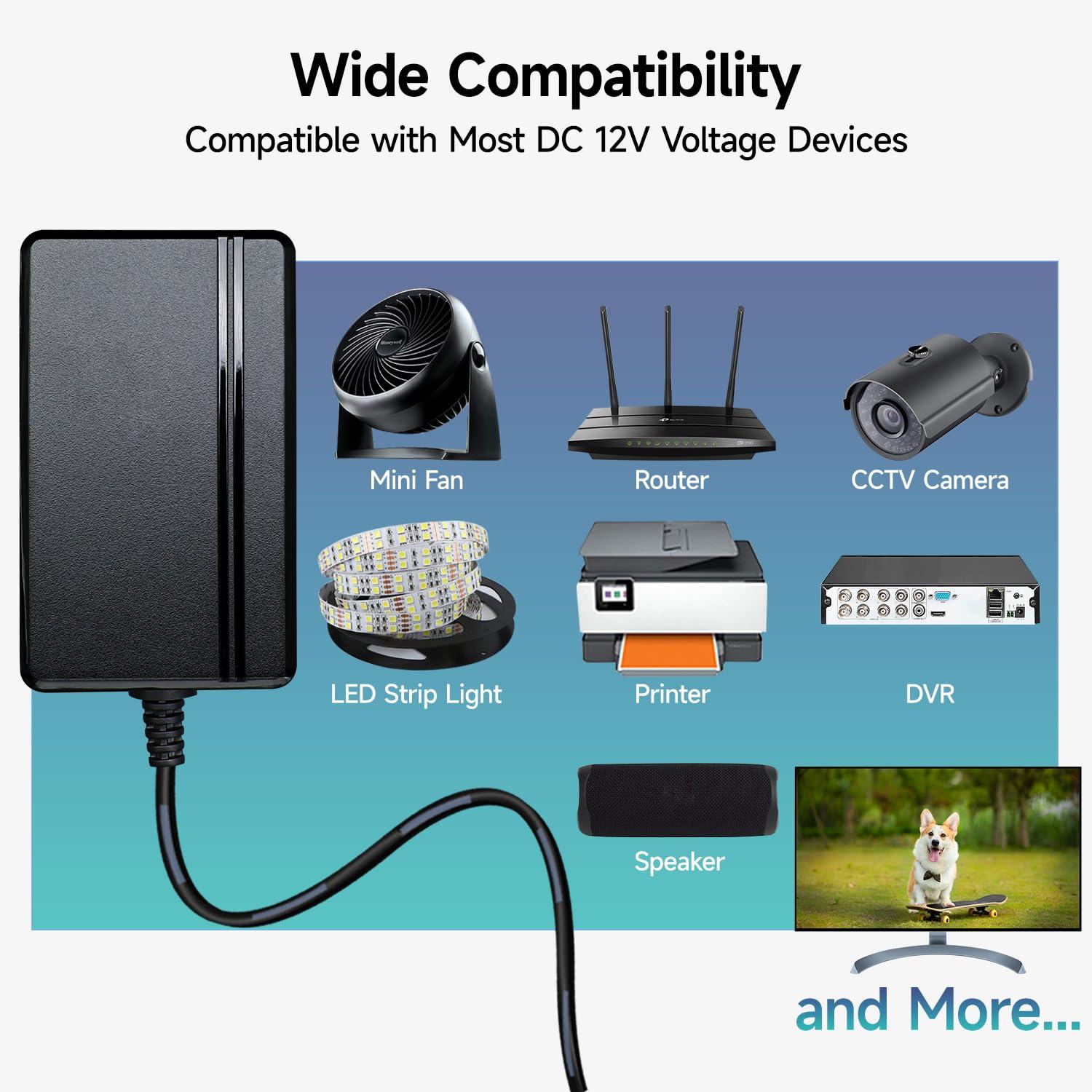 OXZEEWEE 12Vdc 3A/3000mA 6ft Power Supply Adapter, 100-240V 50/60Hz AC to DC 36W Wall Charger for LED Strip Light, CCTV Camera, Router, BT Speaker, DVR, NVR and More 12V Devices, ETL FCC (6Ft Cord, 20AWG)