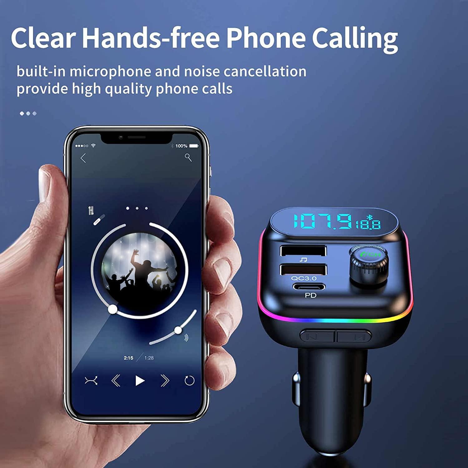 Sanxup Bluetooth Adapter for Car, Wireless FM Radio Transmitter, Wireless Bluetooth 5.0, MP3 Music Player, QC3.0 + PD 20W USB Car Charger, 7 Colors LED Backlit