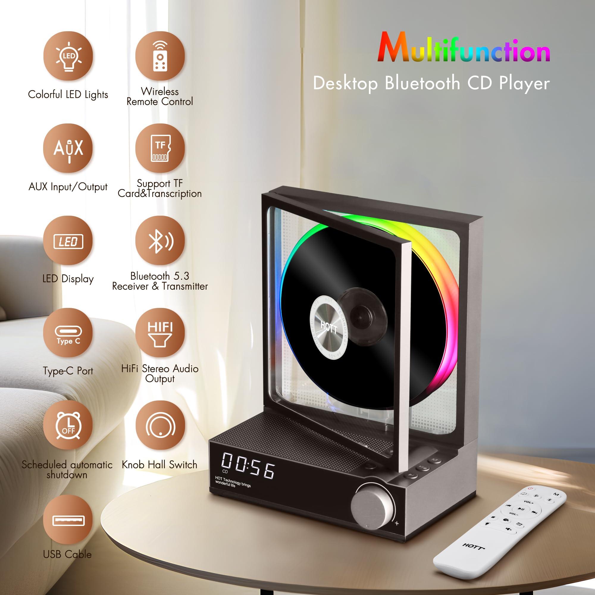 bodymaster HOTT CD Player Portable with RGB Lights Bluetooth 5.3 Desktop CD Player,Portable CD Player with HiFi Speakers, Supports TF Card, Transcription, LED Screen, Timer (Grey)