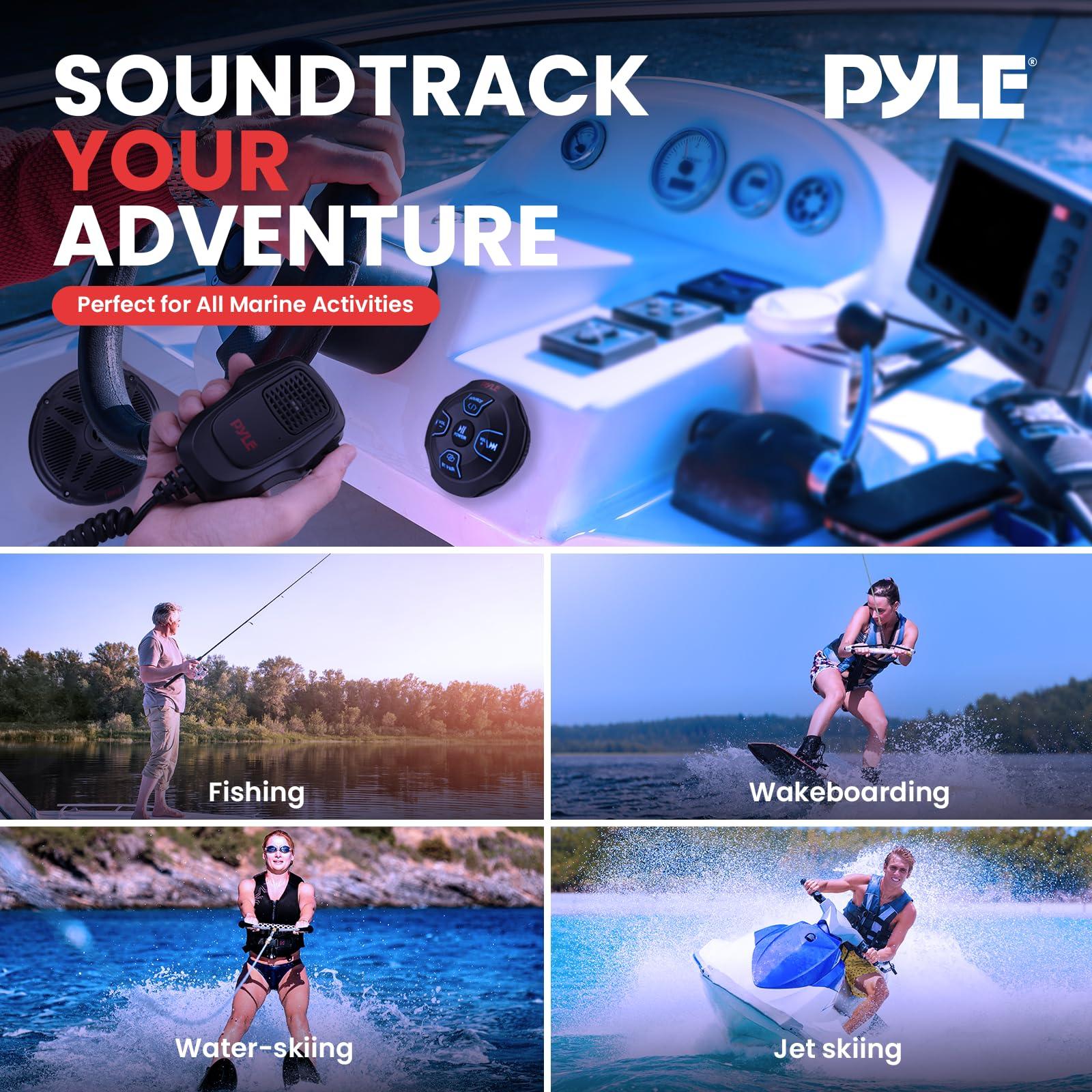 Pyle Pyle Marine Bluetooth Receiver Speaker Kit - Waterproof Audio Entertainment System Set w/Dual 6.5" Boat Speakers, Wireless BT Controller, Compact Handheld Broadcasting Microphone (Black)