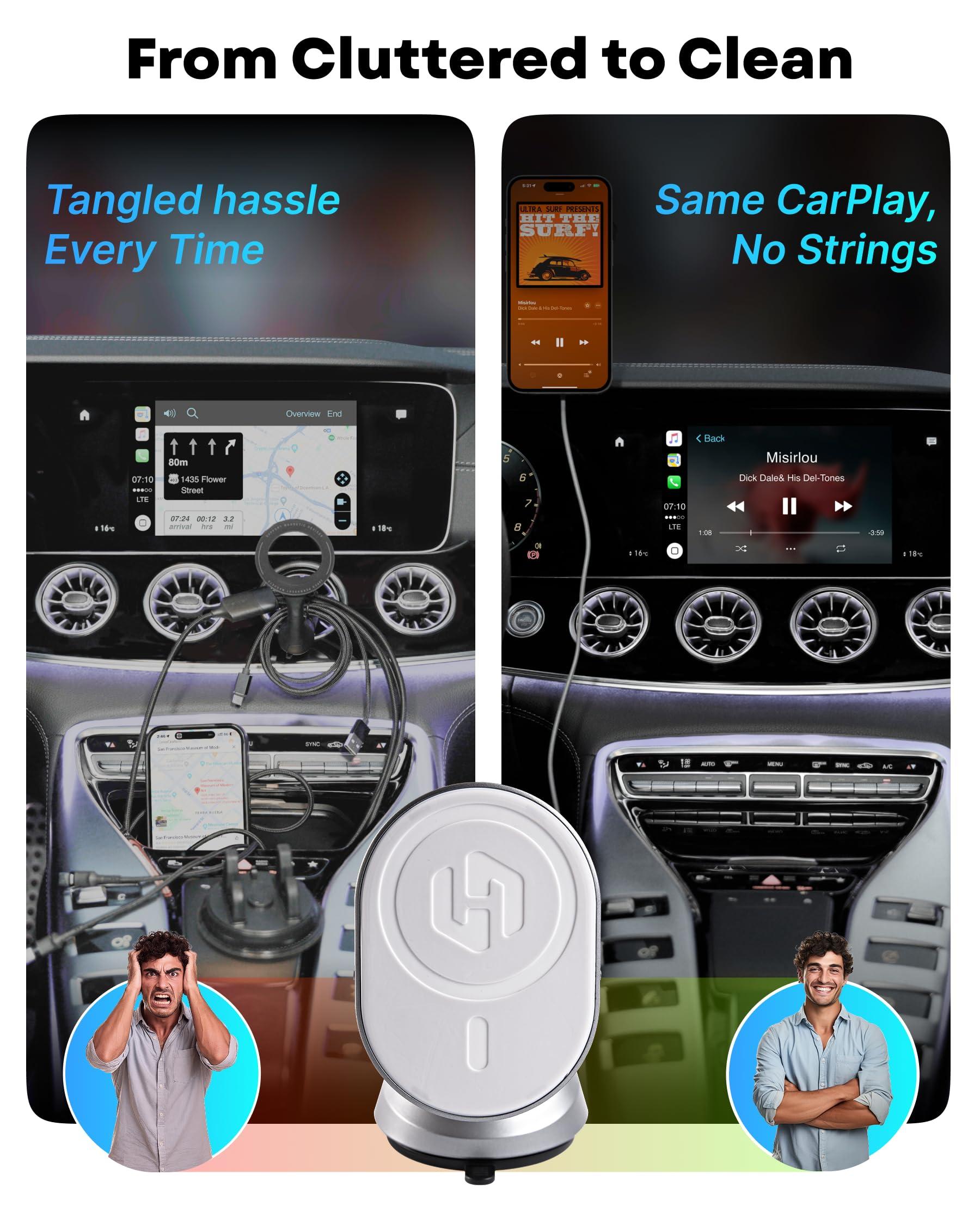 Malinto HexaCharge 3-in-1 Wireless Carplay Adapter 2024 & Magnetic Wireless Charging for iPhone and Android, Convert Wired to Wireless CarPlay and MagSafe Charging