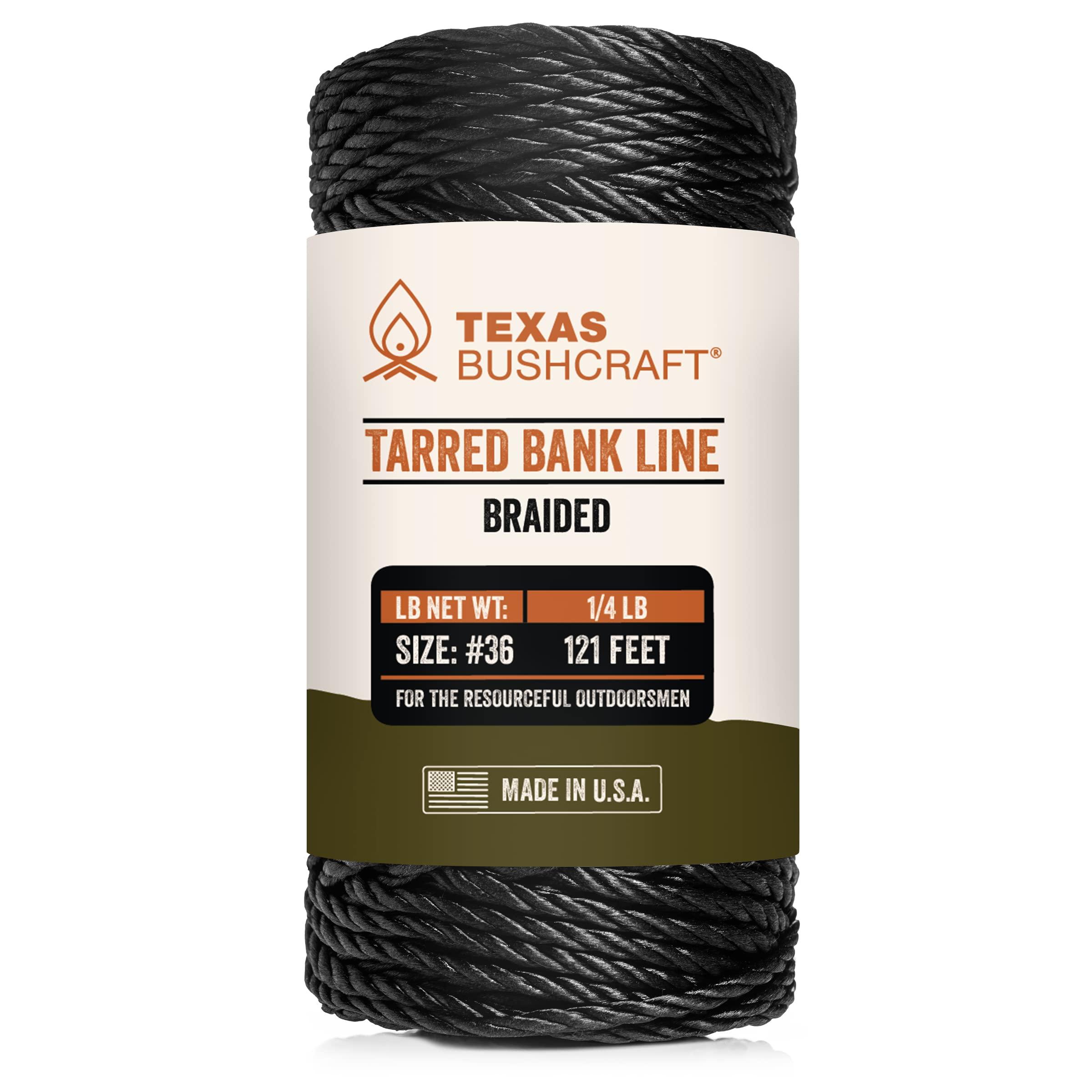 Texas Bushcraft Texas Bushcraft Tarred Bank Line Twine - #36 Black Nylon String for Fishing, Camping and Outdoor Survival Strong, Weather Resistant Bankline Cordage for Trotline (1/4 lb - #36 (131 ft), Braided)
