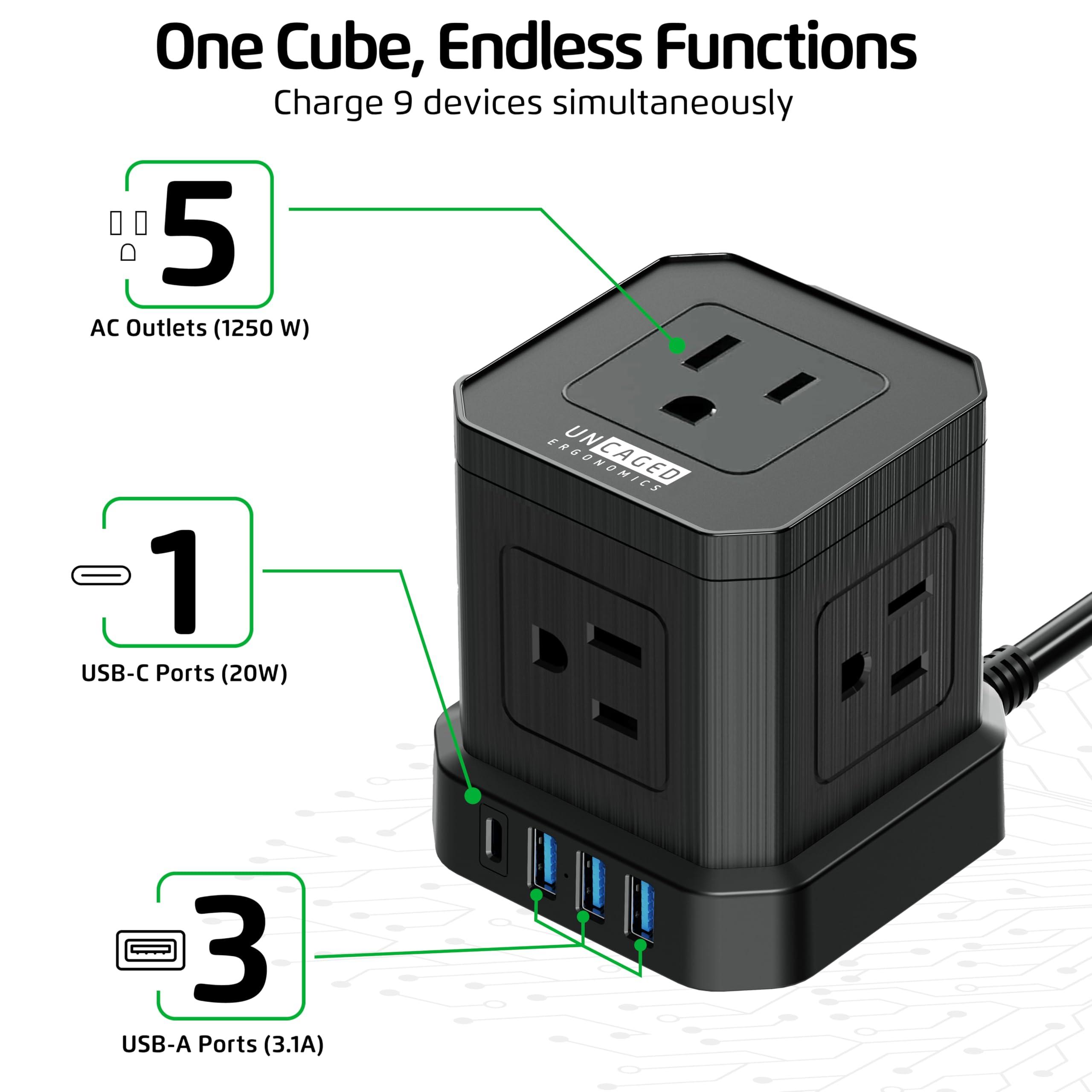Uncaged Ergonomics Cube Power Strips with Surge Protection, 10ft Extension Cord with Multiple Outlets, 5 AC Plugs + 3 USB + 1 USB-C Fast Charging Power Strip with USB Ports, Mountable On/Off Switch Charging Station