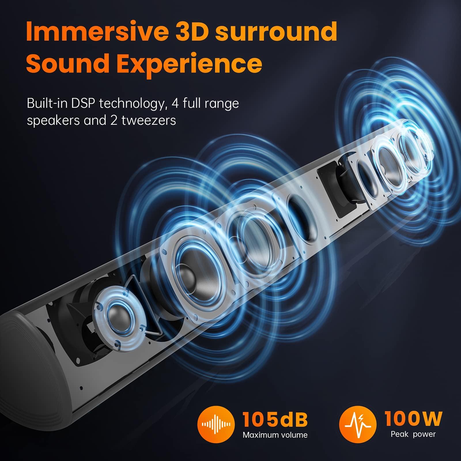 BYL 100Watt 40 Inch Soundbar, BESTISAN Sound Bar Wireless and Wired Audio Bluetooth 5.0 TV Speakers with HDMI-ARC Function (2023 Beef UP Version, DSP Audio, Bass Adjustable, Wall Mountable)