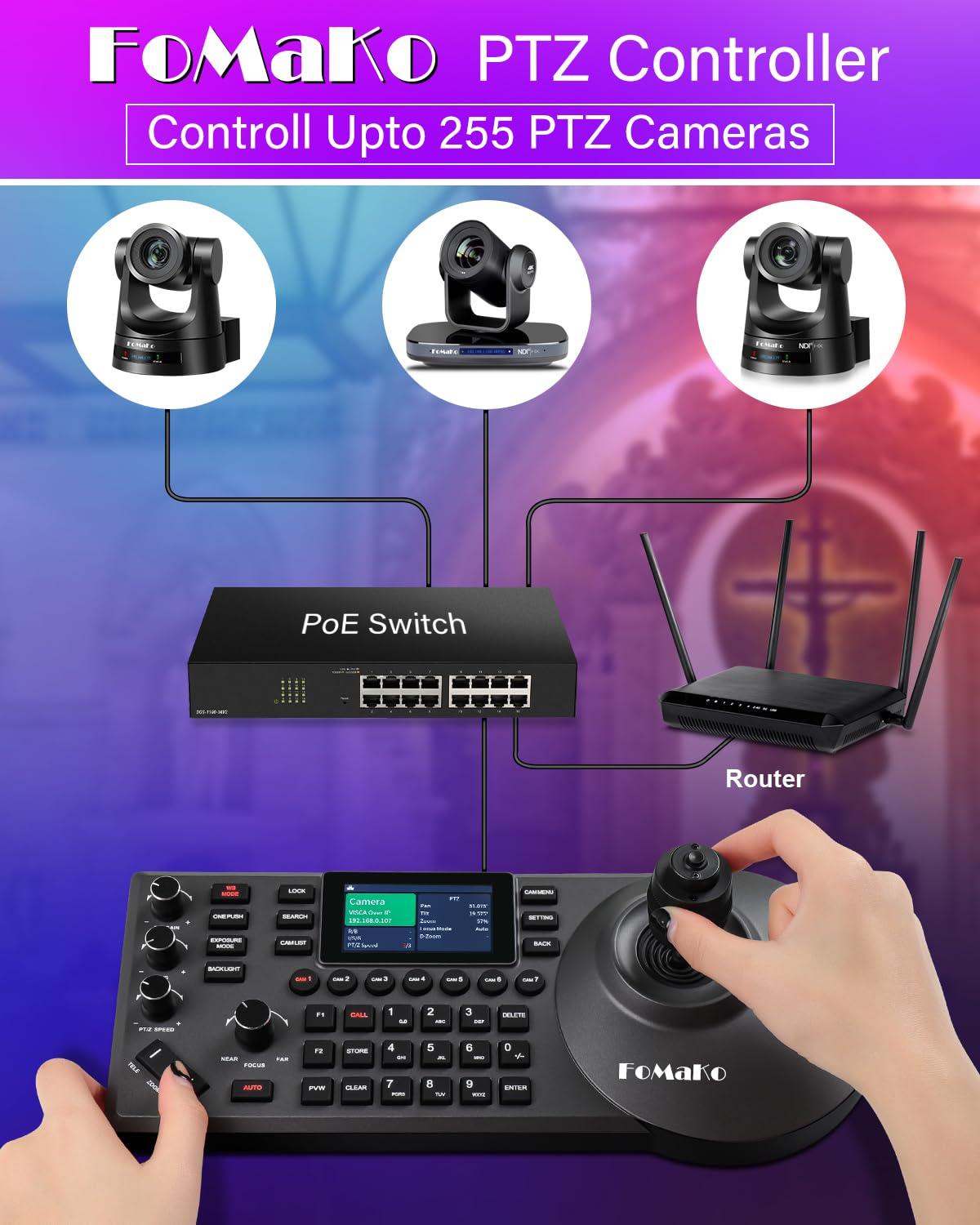 FoMaKo FoMaKo AI Auto Tracking HDMI PTZ Camera 20x Optical Zoom for Church Services Worship Education(2pcs) + KC608 Pro PTZ Controller (FMK12UH Prox2 + KC608 Pro)