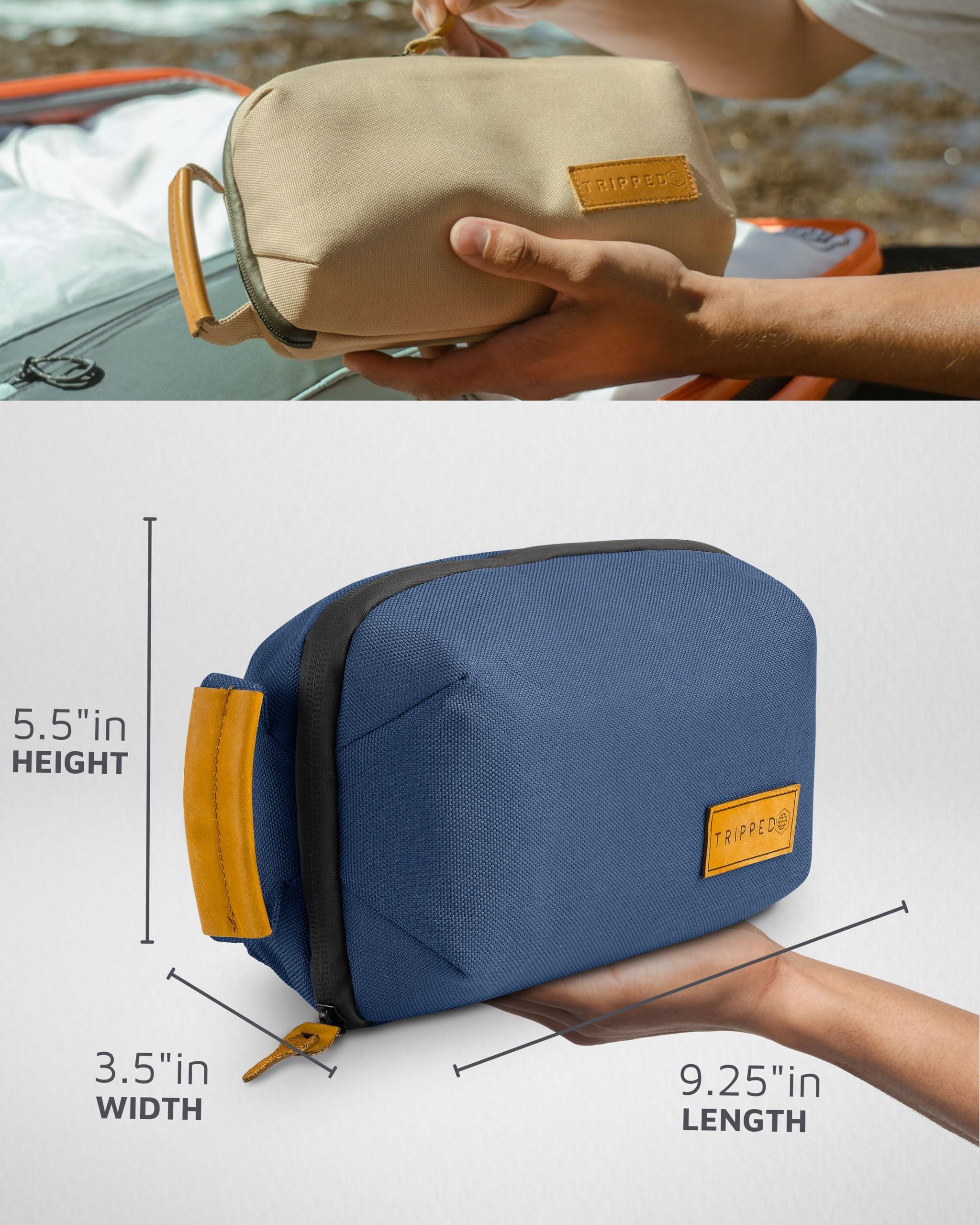 TRIPPED Travel Gear TRIPPED Travel Gear Tech Bag Organizer - Small Electronics Organizer Pouch for Travel - Premium Travel Case with Leather Accents - Mesh Pocket for Cables, Cords and Chargers (Navy)