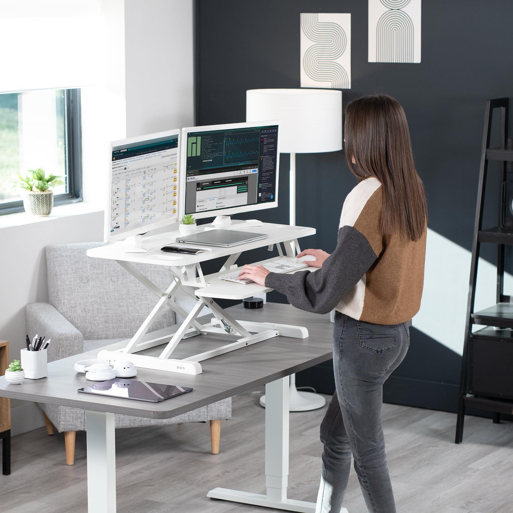 VIVO VIVO 38 inch Desk Converter, K Series, Height Adjustable Sit to Stand Riser, Dual Monitor and Laptop Workstation with Wide Keyboard Tray, White, DESK-V037KW