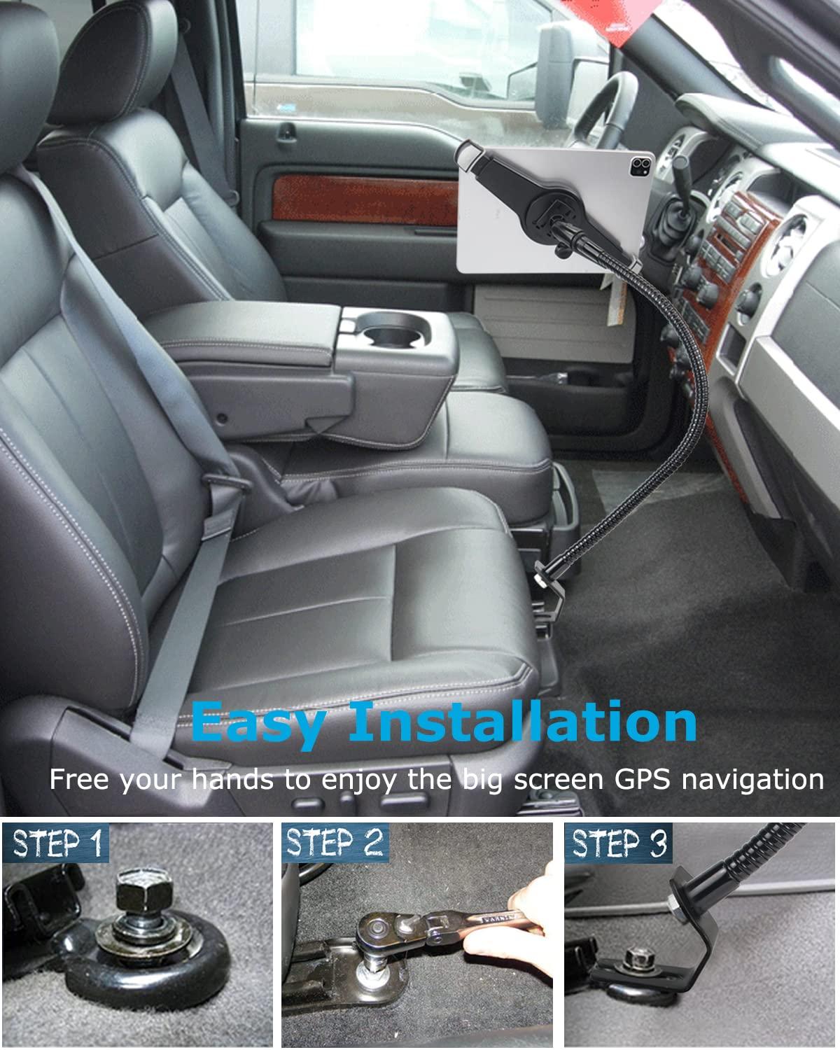 woleyi Car Seat Rail Tablet Mount for Truck, Aluminum Gooseneck Car Floor Bolt Tablet Holder Camera Clamp with 1/4'' Screw Adapter for Taxi, Van, Vehicle, Semi, SUV for iPad Pro/Air, Tabs, Gopro (9.5-14.5)