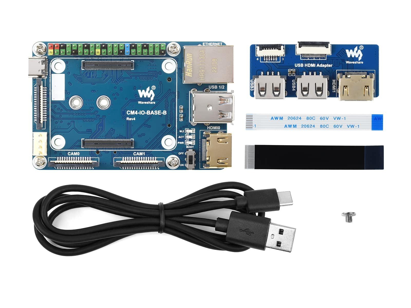 waveshare Waveshare CM4-IO-BASE-B for Raspberry Pi Compute Module 4 Bundle with USB HDMI Adapter (6 Items)