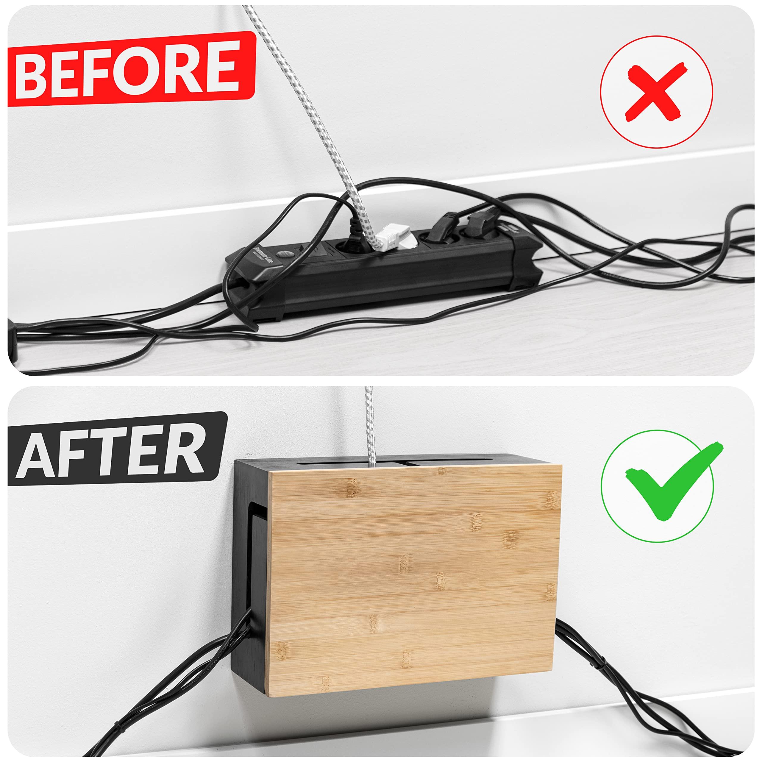 Kos Design Cable Management Box with Magnetic Bamboo Lid & Cable Ties- Elegant, Durable Cable Organizer Box to Hide Cords and Power Strip- Wall Mountable Cable Box Hider for Home, Office, Desk & More (Black)