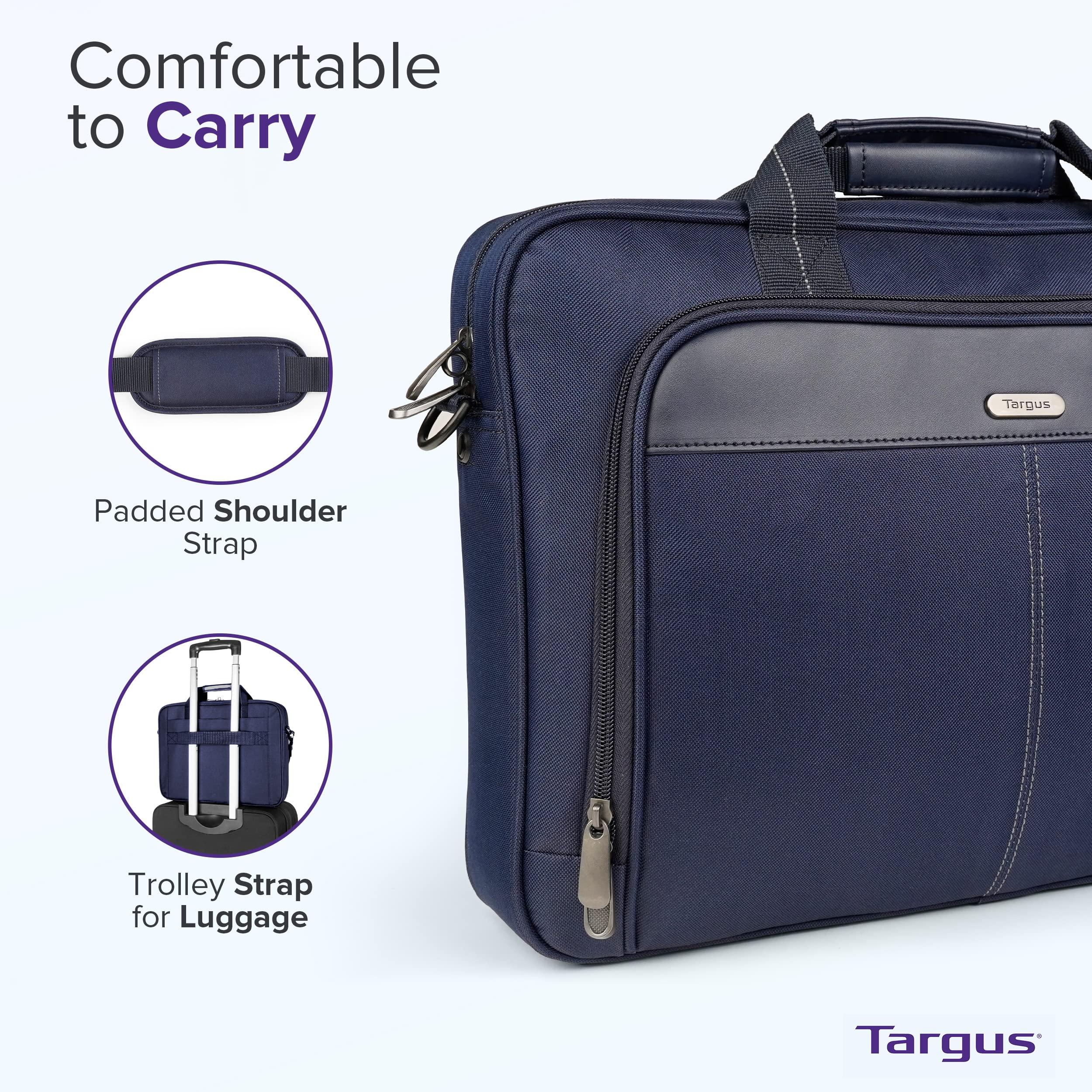 Targus Targus 15-16 Inch Classic Slim Laptop Bag, Blue - Ergonomic Briefcase and Messenger Bag - Spacious Foam Padded Laptop Bag for 16" Laptops and Under (TCT027US)