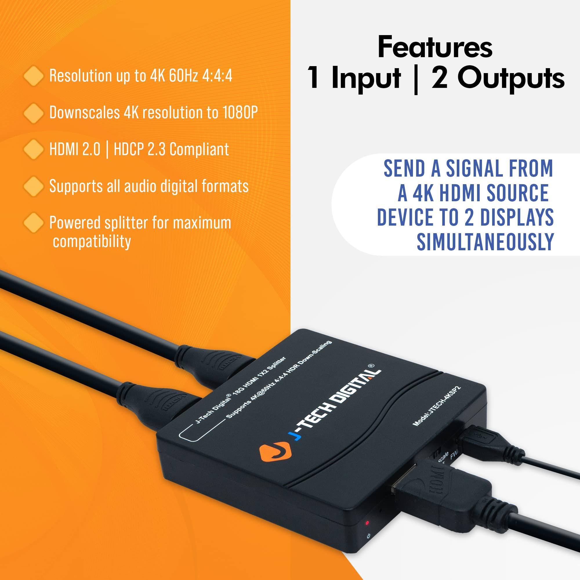 J-Tech Digital J-Tech Digital HDMI Splitter 1 in 2 Out 4K 60Hz Multi-Resolution Output (MRO) HDMI 2.0 Splitter Supports Downscale HDR HDR10 / Dolby Vision 4K@60Hz 4:4:4 HDCP2.3 2.2 (JTECH-4KSP2)
