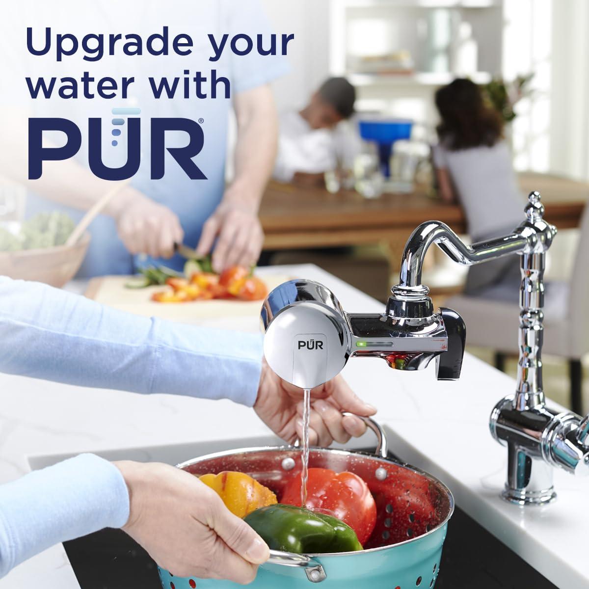 PUR PUR PLUS Horizontal Faucet Mount Water Filtration System with 3-in-1 Lead Reducing Filter for Great-Tasting Filtered Tap Water, Lasts 100 Gallons, Fits Most Kitchen or Bathroom Faucets, Chrome