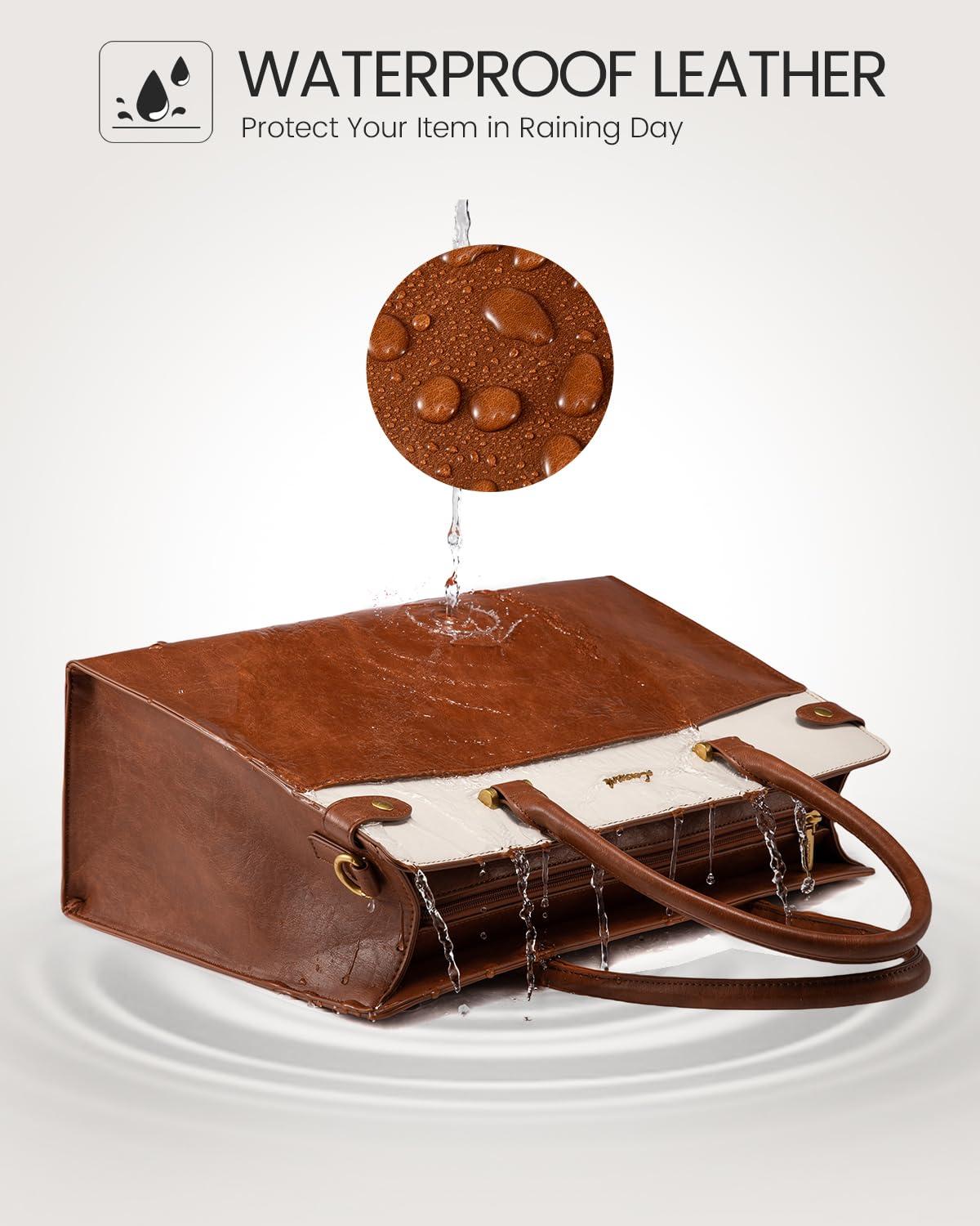 LOVEVOOK LOVEVOOK Laptop Bag for Women, Vintage Leather Laptop Tote Bag Work Bags for Women, Waterproof Computer Bag Business Office Briefcase Large Shoulder Handbag Purse, 17 Inch, Brown-Beige