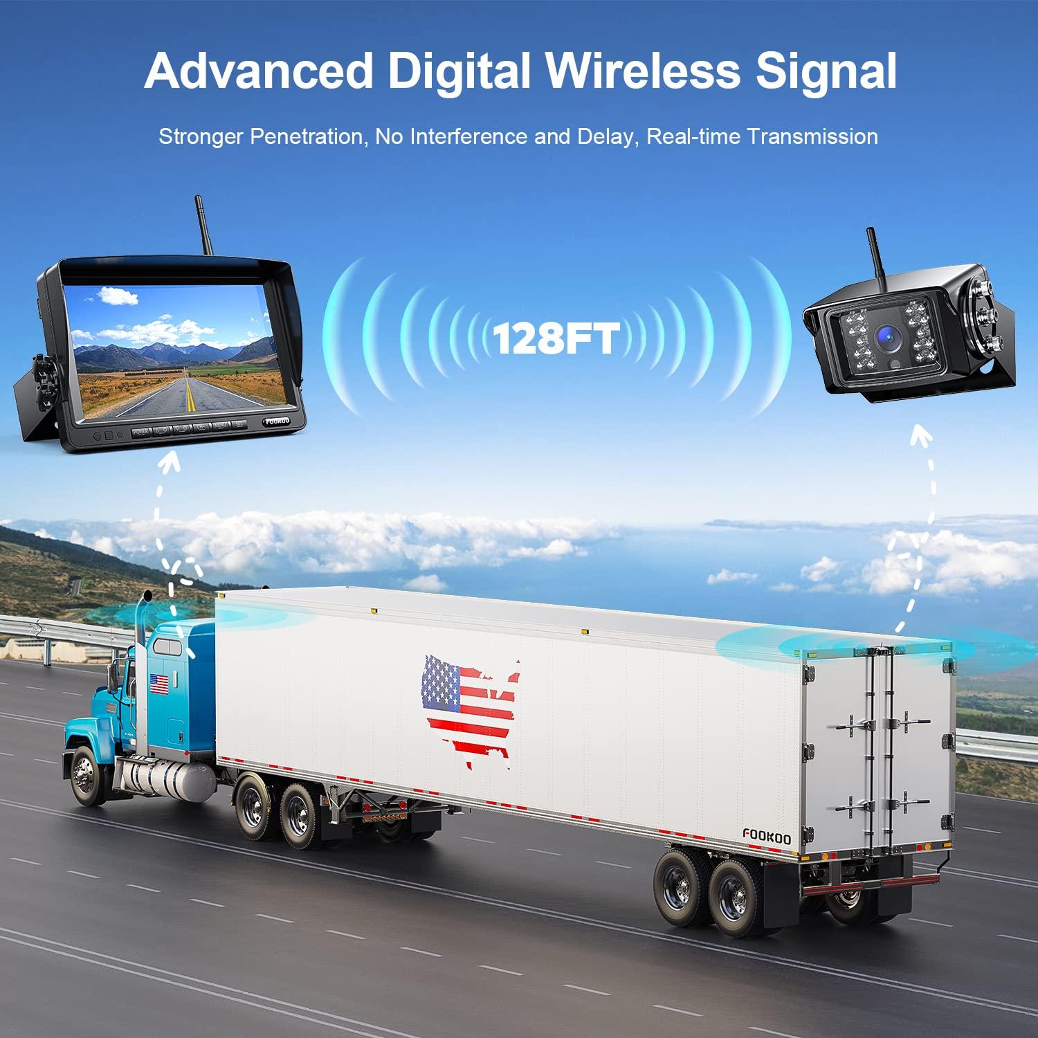 Fookoo Fookoo 1080P 7" Wireless Backup Camera System, 7" HD Dual/Quad Split Monitor with Recording, IP69 Waterproof Rear View Front View Cameras with Parking Lines, Suits for RV/Truck/Trailer/Van/Bus(DW702)