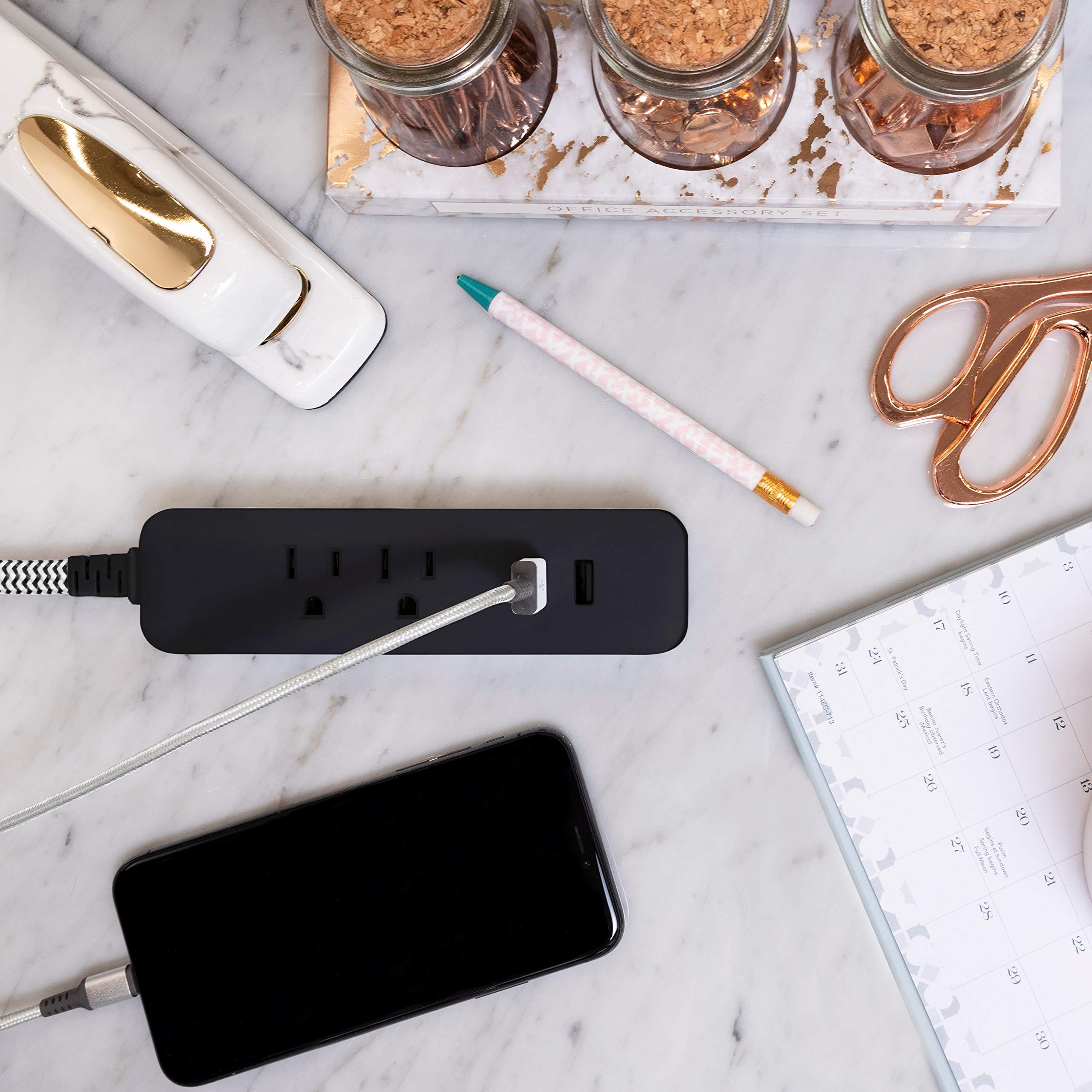 Cordinate Cordinate Surge Protector Power Strip, 2 Outlet Surge Protector, 10 Ft Braided Cord Power Strip, Surge Protector with USB Ports, 3-Prong Flat Plug Power Strip, Surge Protector Outlet, Black, 41885