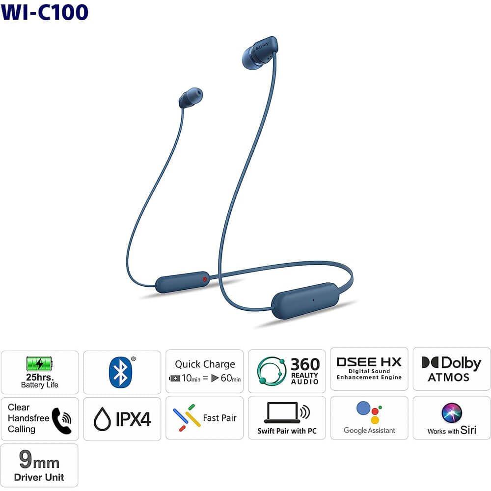 Sony Sony WI-C100 Wireless in-Ear Bluetooth Headphones with Built-in Microphone, White