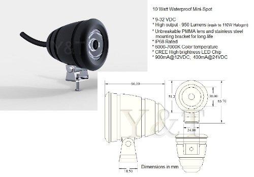Pilotlights Mini Spotlight 10 Watt LED Fixture (9 to 30 VDC) - 10 Watt Cool White LED Spotlight for Auto, Motorcycle, Truck, RV, Boat and Aircraft