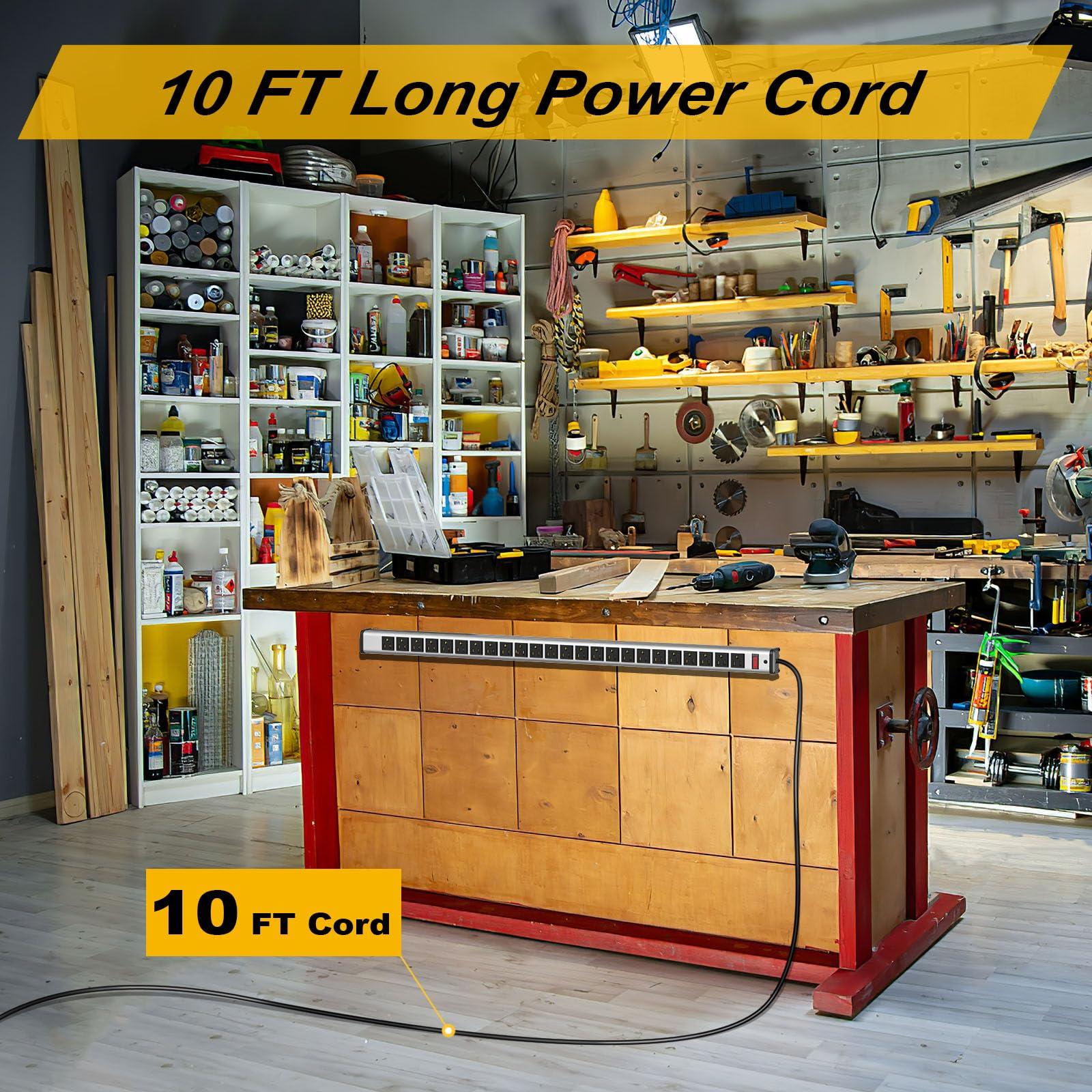 Kungfuking Long Power Strip 24-Outlet ETL Certified Heavy Duty Metal Power Strip 10 ft Extension Cord with Multiple Outlets Garage Workshop Commercial Industrial Power Strip