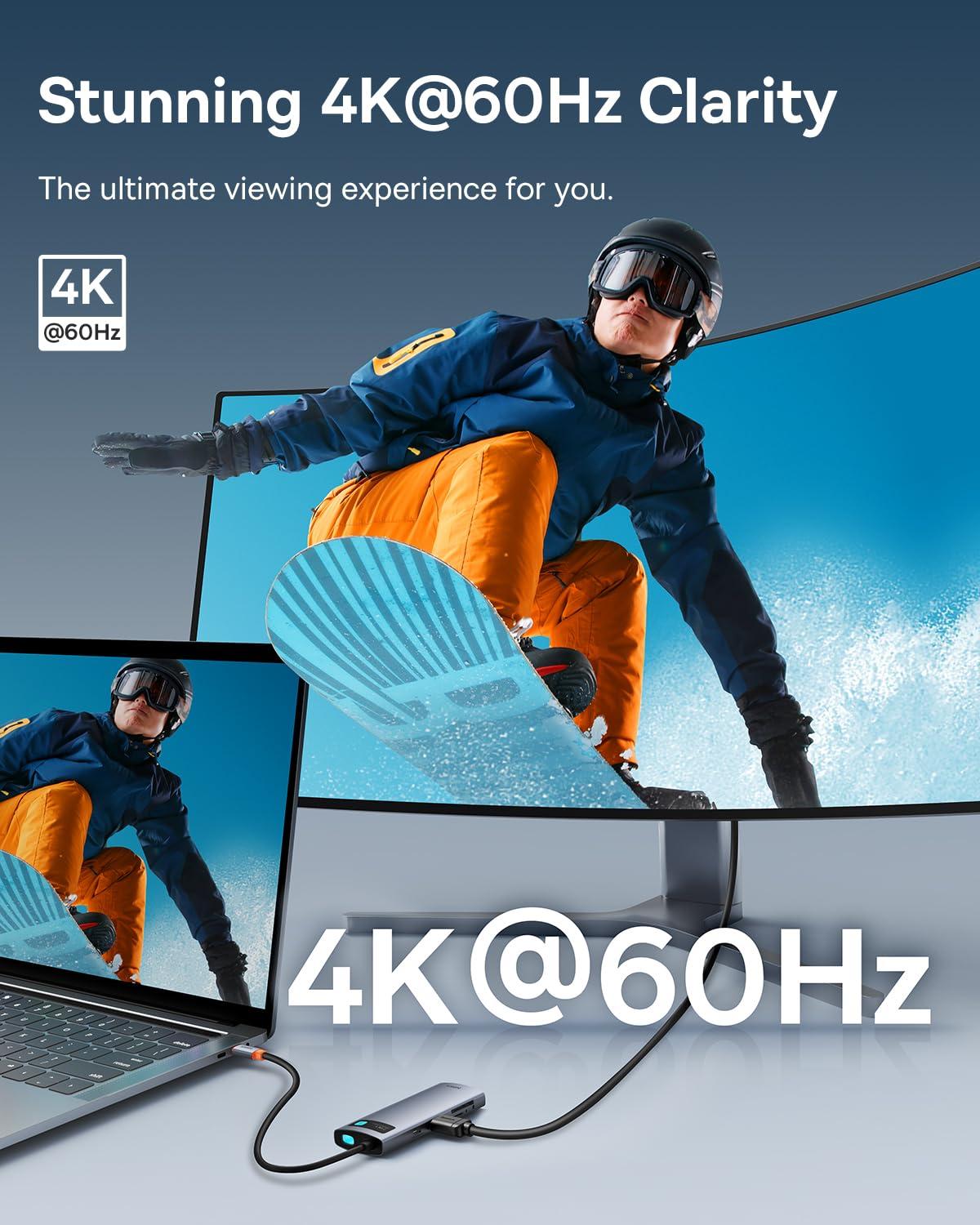 Baseus Baseus USB C to HDMI Adapter, 4K@60Hz USB C Docking Station, 7 in 1 USB C Hub with 3 USB-A, PD 100W, TF/SD Card Reader, Compatible for iPhone 15/Mac/Dell/Acer/HP/ASUS/Steam Deck/Rog Ally