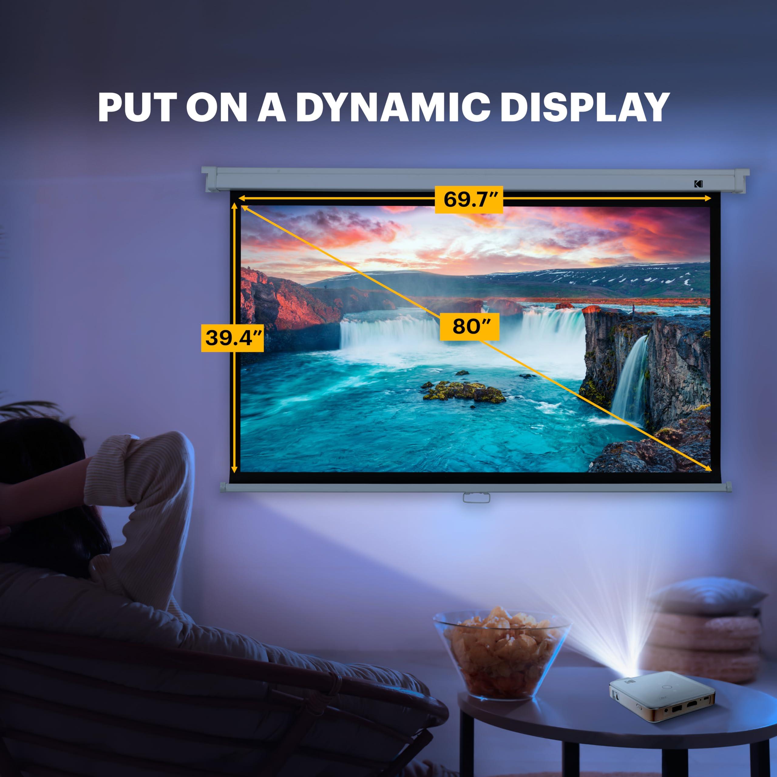 KODAK KODAK Manual Pull-Down White Projector Screen 80" Inch | Large 16:9 Office, Home Movie Theater Screen with Wall & Ceiling Mount Options, Easy-Clean Matte Fabric & Retractable Hanging Design | Indoor.