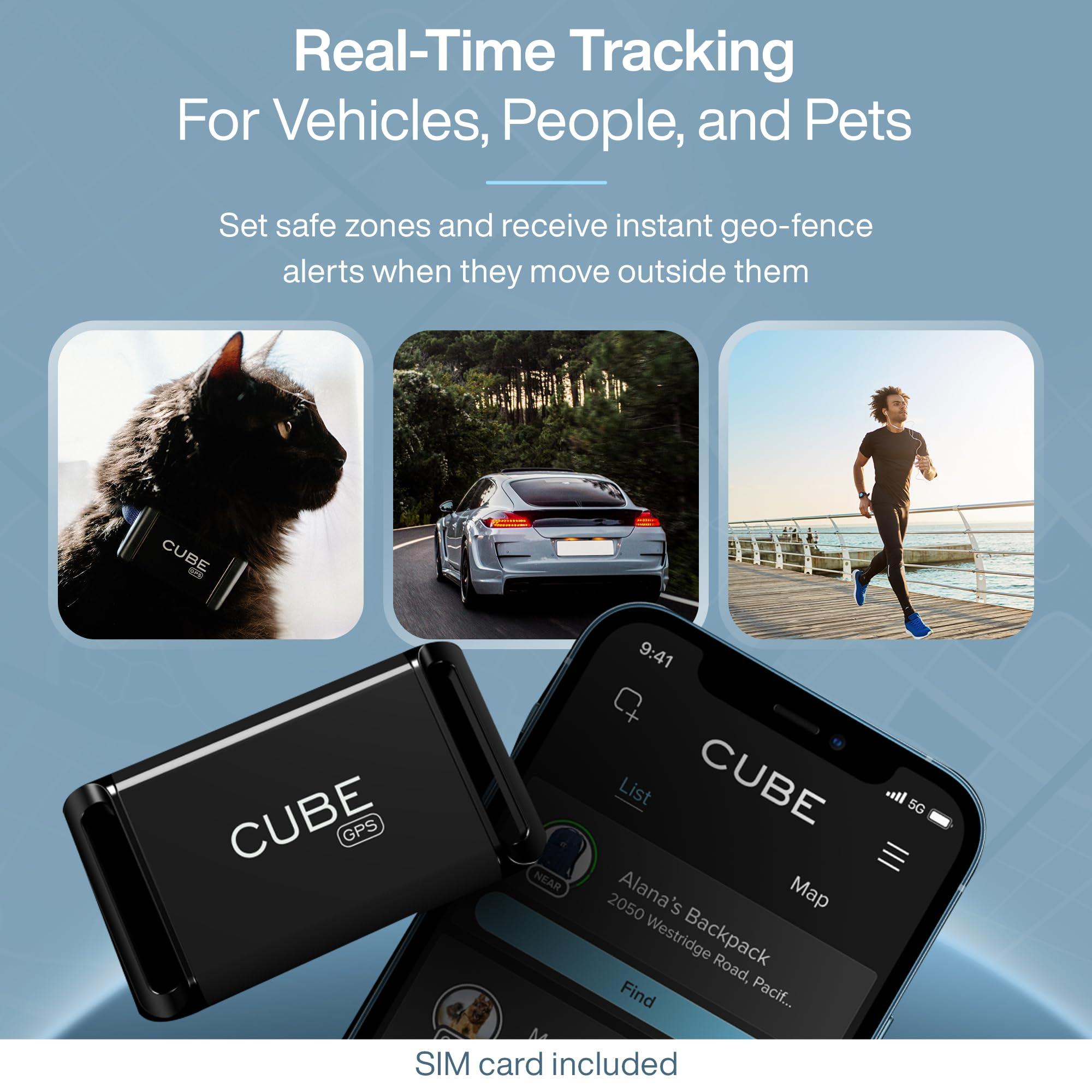 CUBE Cube GPS Tracker for Vehicles Assets Kids, Mini GPS Trackers for Dogs, Car Tracker Device: Real Time Worldwide Location SOS Pings Geo-Fencing + Rechargeable Battery Requires Subscription