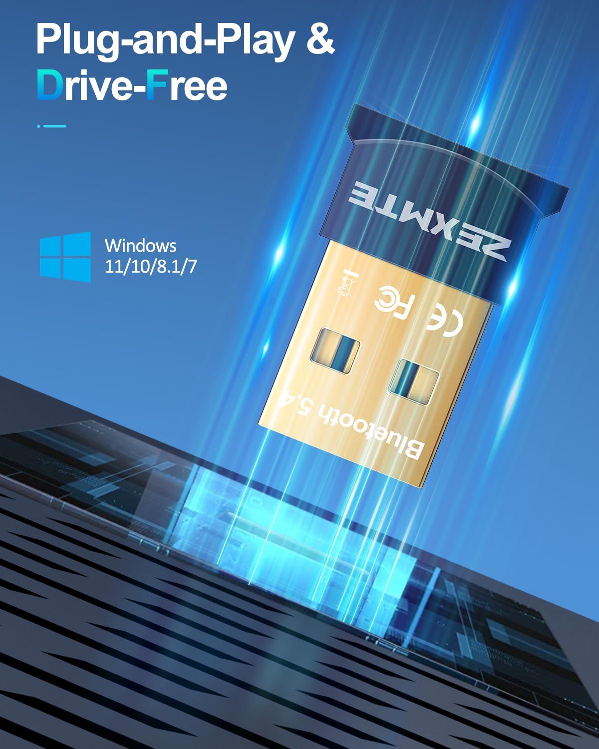 ZEXMTE ZEXMTE USB Bluetooth Adapter for PC, 5.4 Bluetooth Dongle, Plug-and-Play for PC, Laptop, Mouse, Keyboard, Headsets, Speakers, Support Windows 11/10/8.1/7