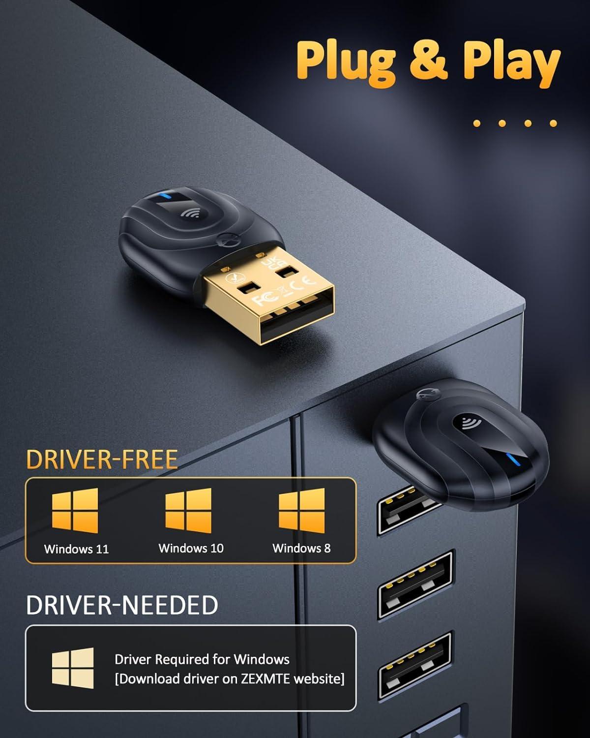 ZEXMTE ZEXMTE USB Bluetooth 5.1 Adapter for PC, 50m Long Range Bluetooth Adapter with FPC Antenna, Stable Signal, Bluetooth Dongle for Pc Desktop Laptop Windows 11/10/8 Plug & Play