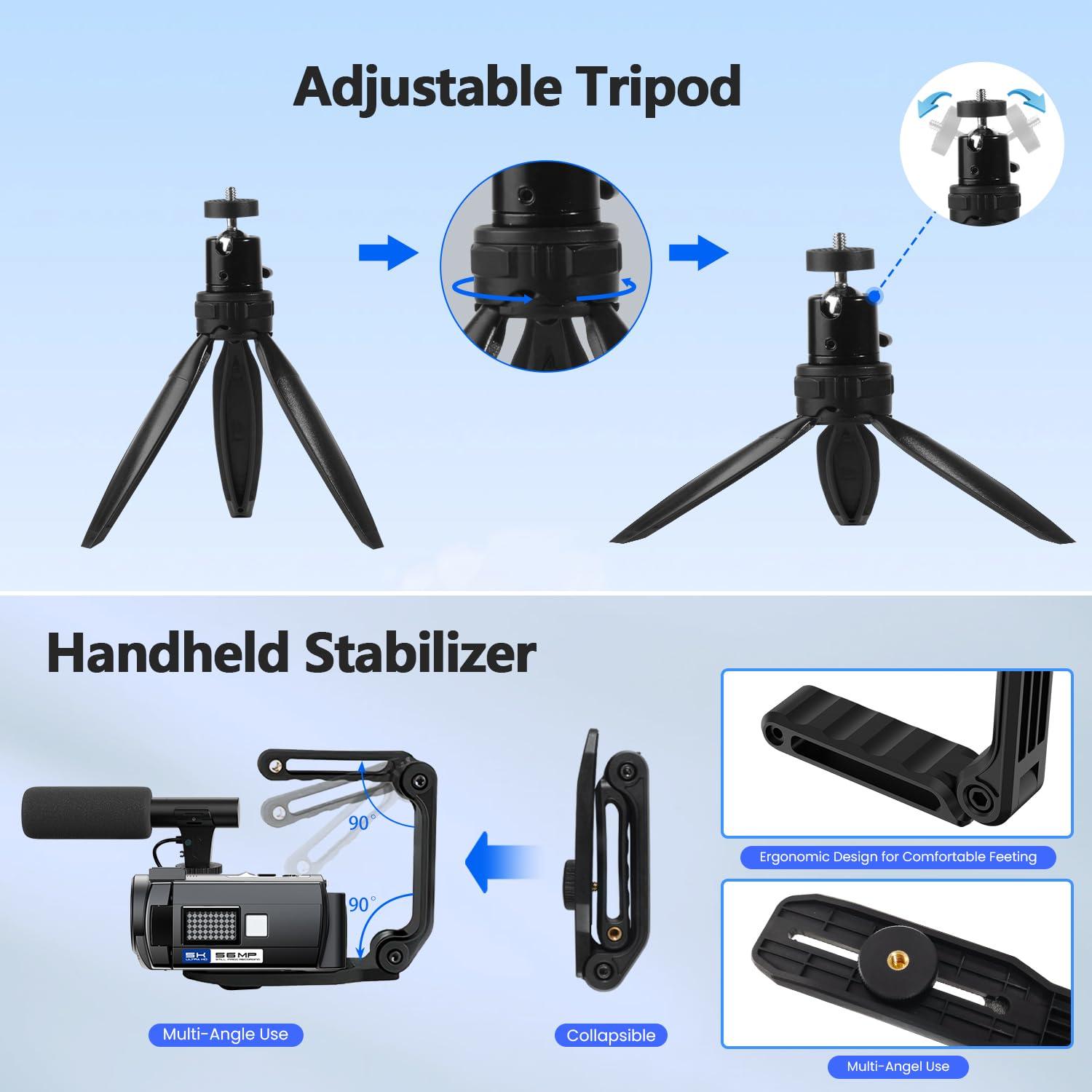 CAMWORLD Camcorder Video Camera, 5K 56MP Vlogging Camera YouTube WiFi Night Vision 3 270 Rotatable Touchscreen Podcast Cameras Recorder with 64GB SD Card, Microphone, Stabilizer, Remote, Batteries, Tripod