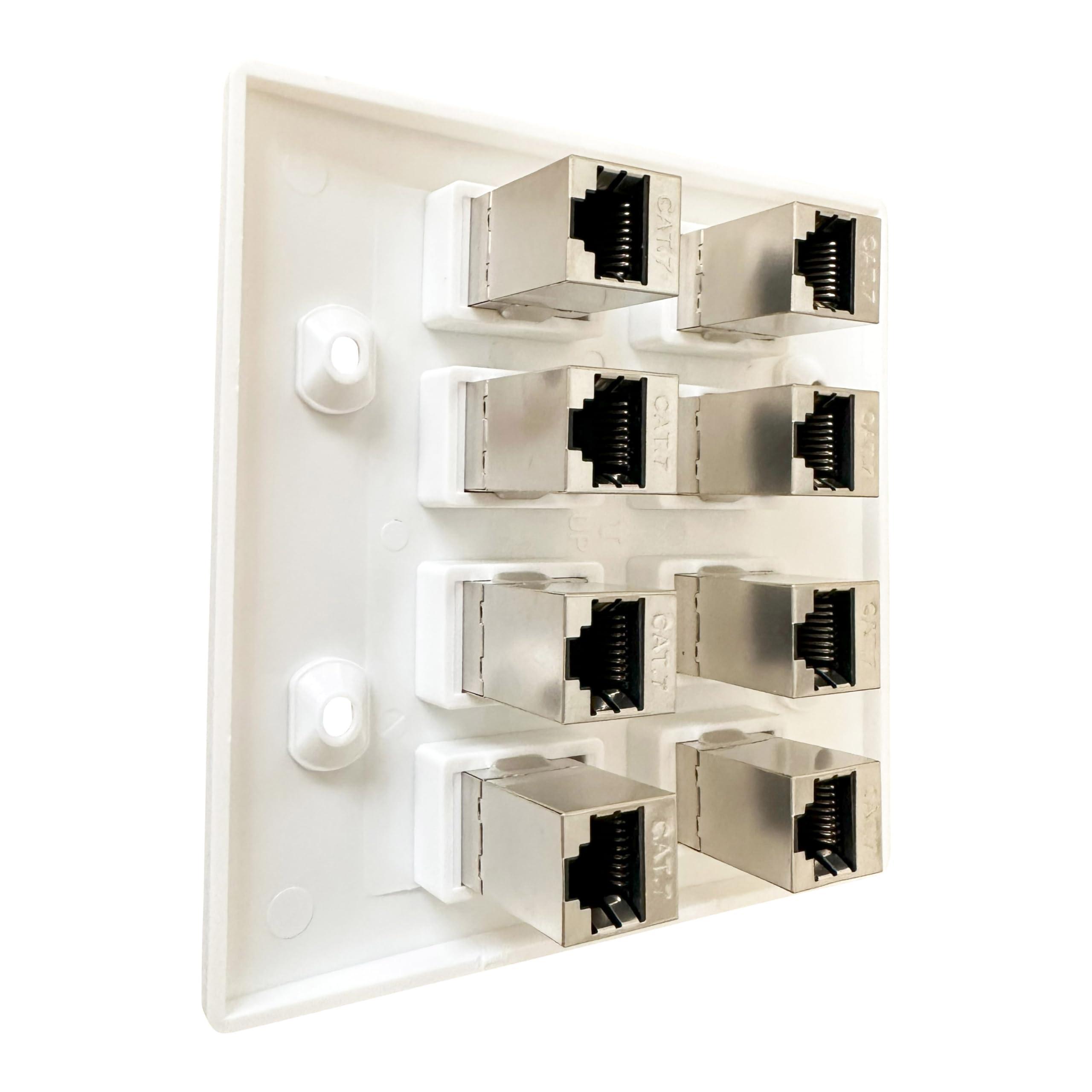 DIYTECH DIYTECH Cat7 Wall Plate - RJ45 Ethernet Wall Outlet, Female to Female Cat 7 Plate, for Network Setup - White (8 Port)